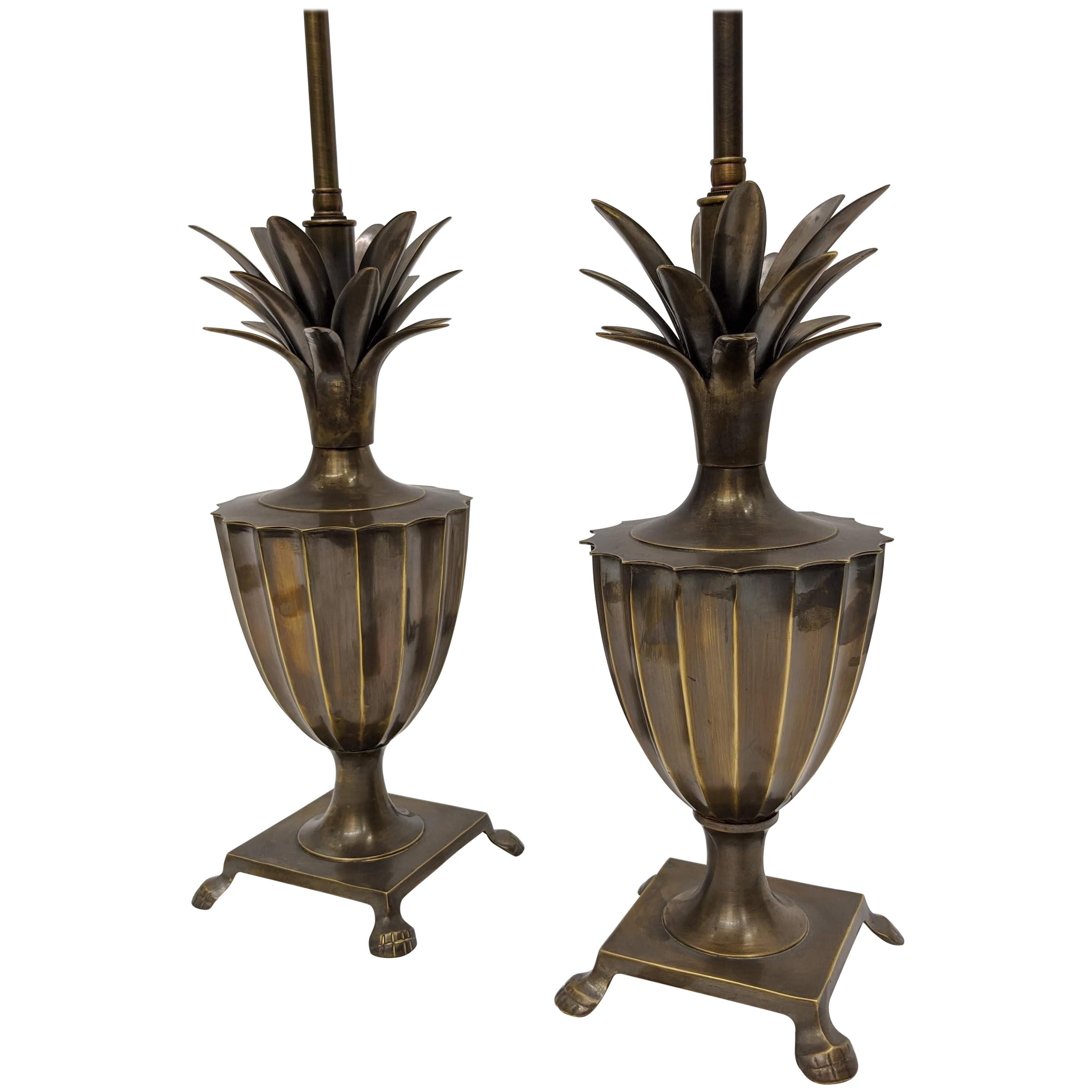 Patinated Brass Pineapple Fluted Urn Lamps