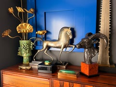 Patinated Brass Ram Head Sculpture on Burl Wood Base, Vintage 1970s