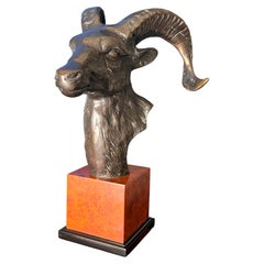 Patinated Brass Ram Head Sculpture on Burl Wood Base, Vintage 1970s
