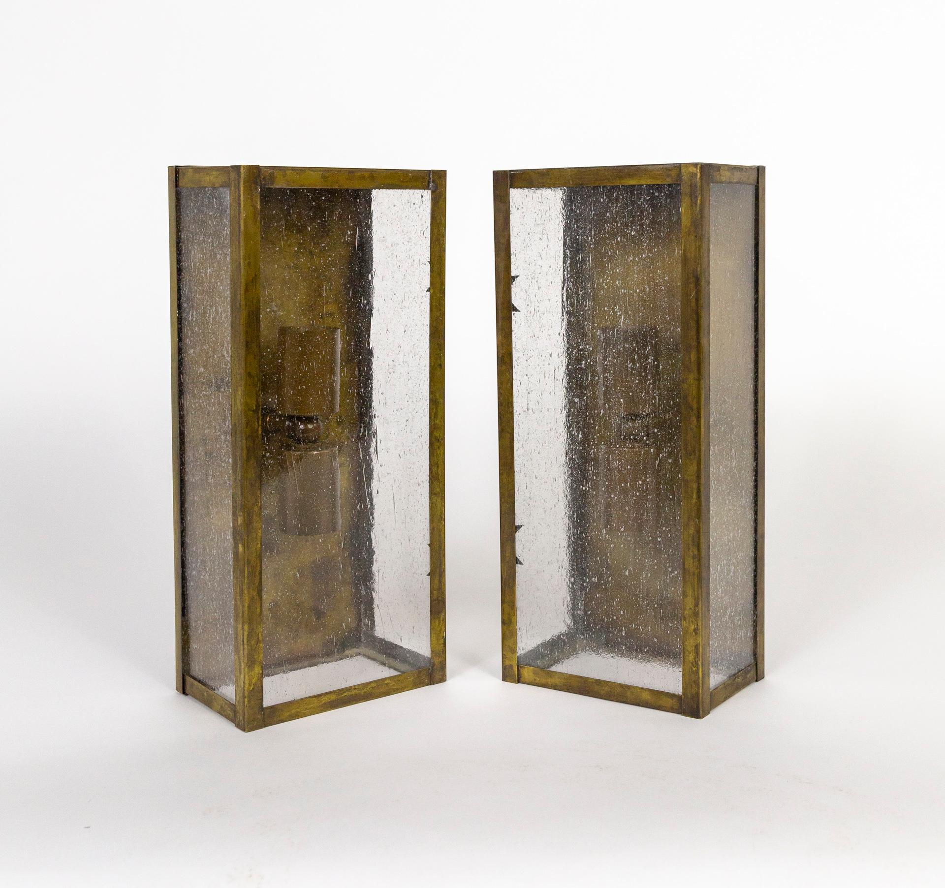 Patinated Brass Rectangle Box Sconces with Seeded Glass 'Pair' For Sale 5