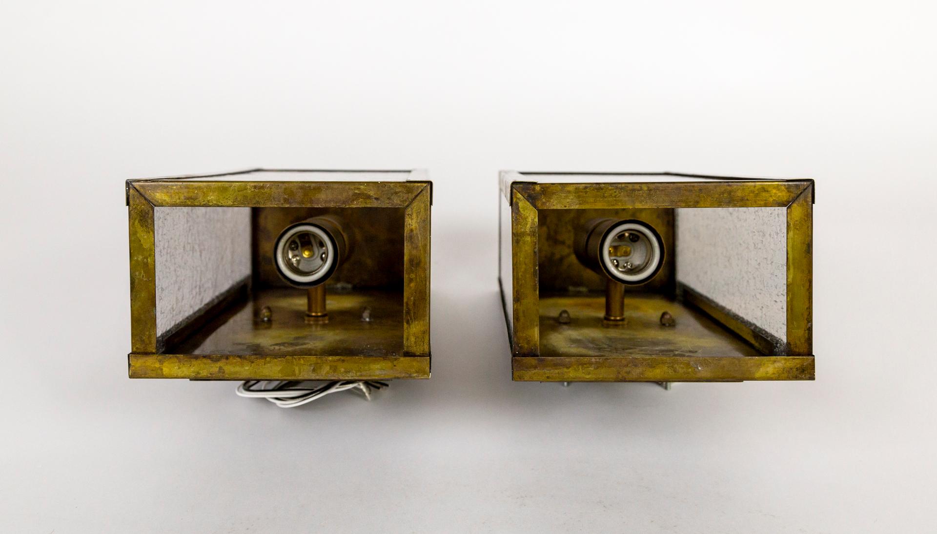 Patinated Brass Rectangle Box Sconces with Seeded Glass 'Pair' For Sale 6