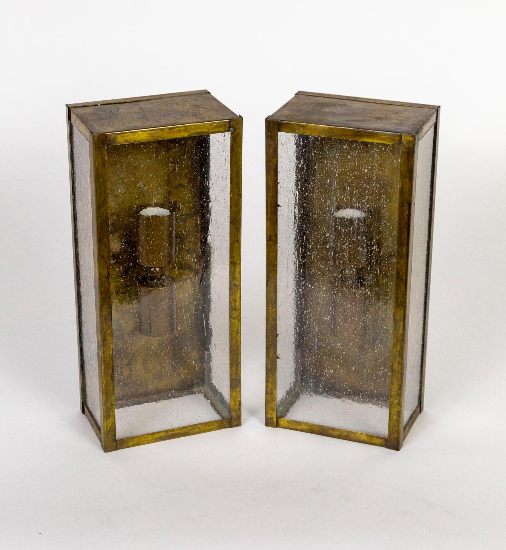 Patinated Brass Rectangle Box Sconces with Seeded Glass 'Pair' For Sale 9