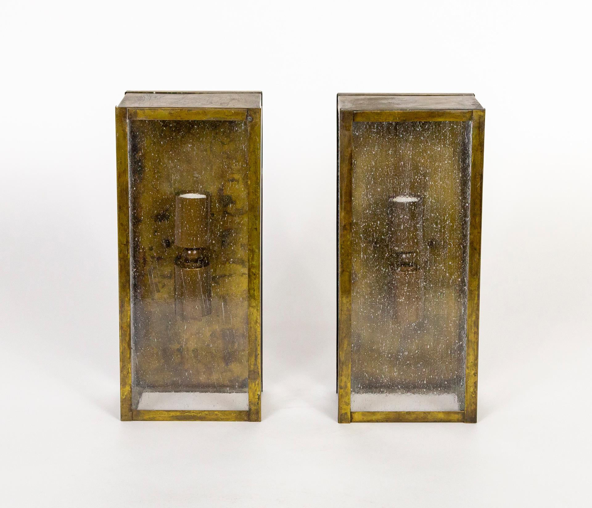 20th Century Patinated Brass Rectangle Box Sconces with Seeded Glass 'Pair' For Sale