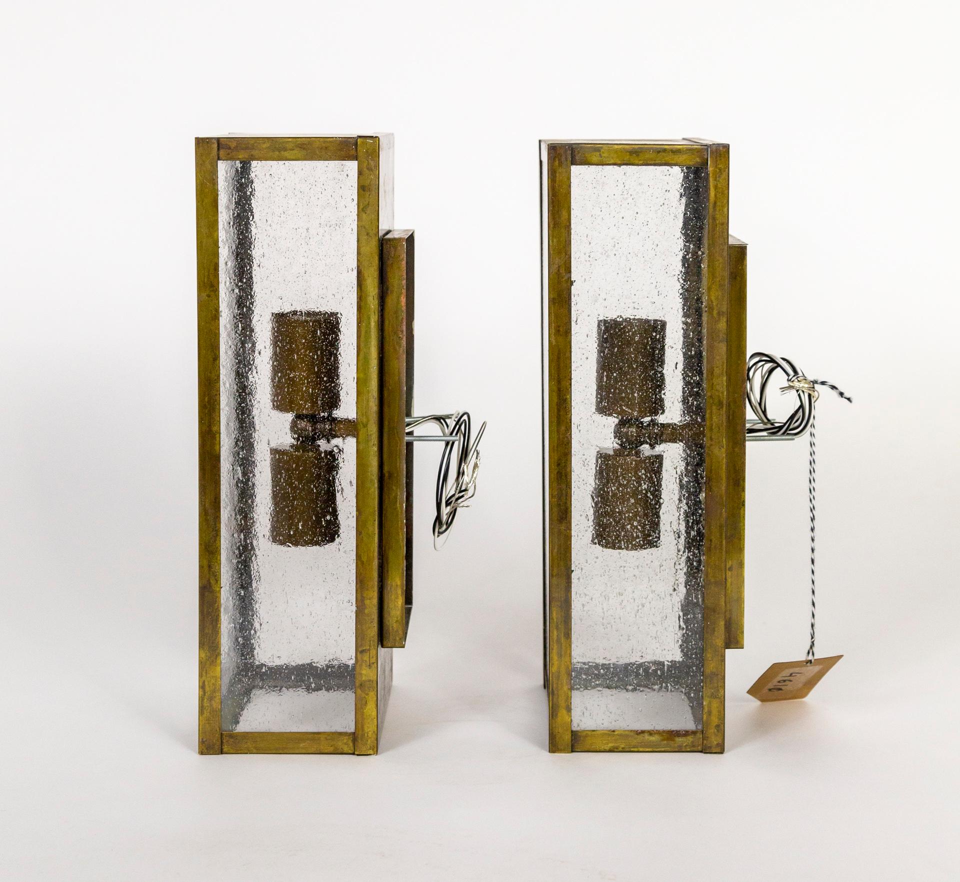 Patinated Brass Rectangle Box Sconces with Seeded Glass 'Pair' For Sale 1