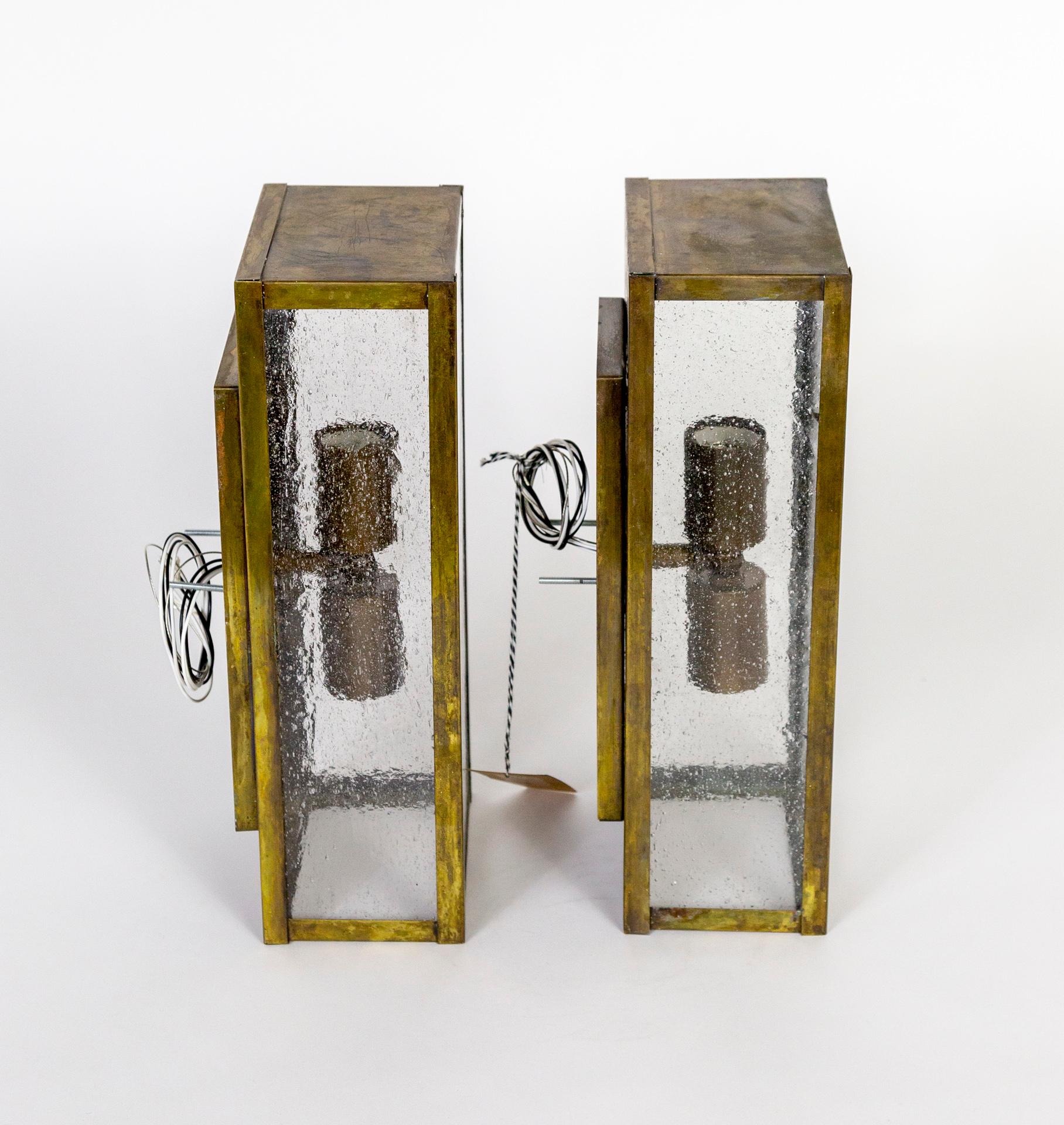 Patinated Brass Rectangle Box Sconces with Seeded Glass 'Pair' For Sale 2