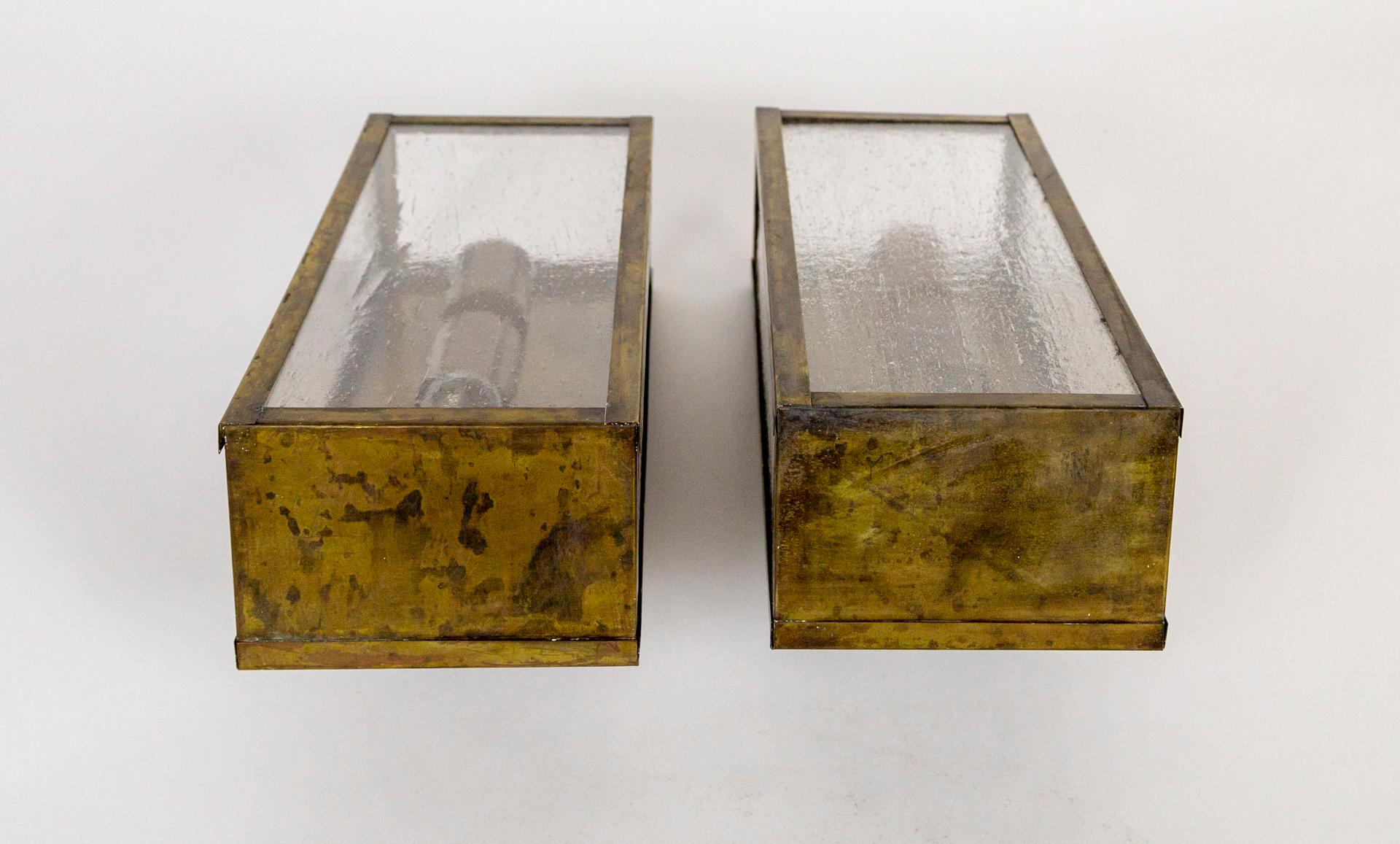 Patinated Brass Rectangle Box Sconces with Seeded Glass 'Pair' For Sale 4