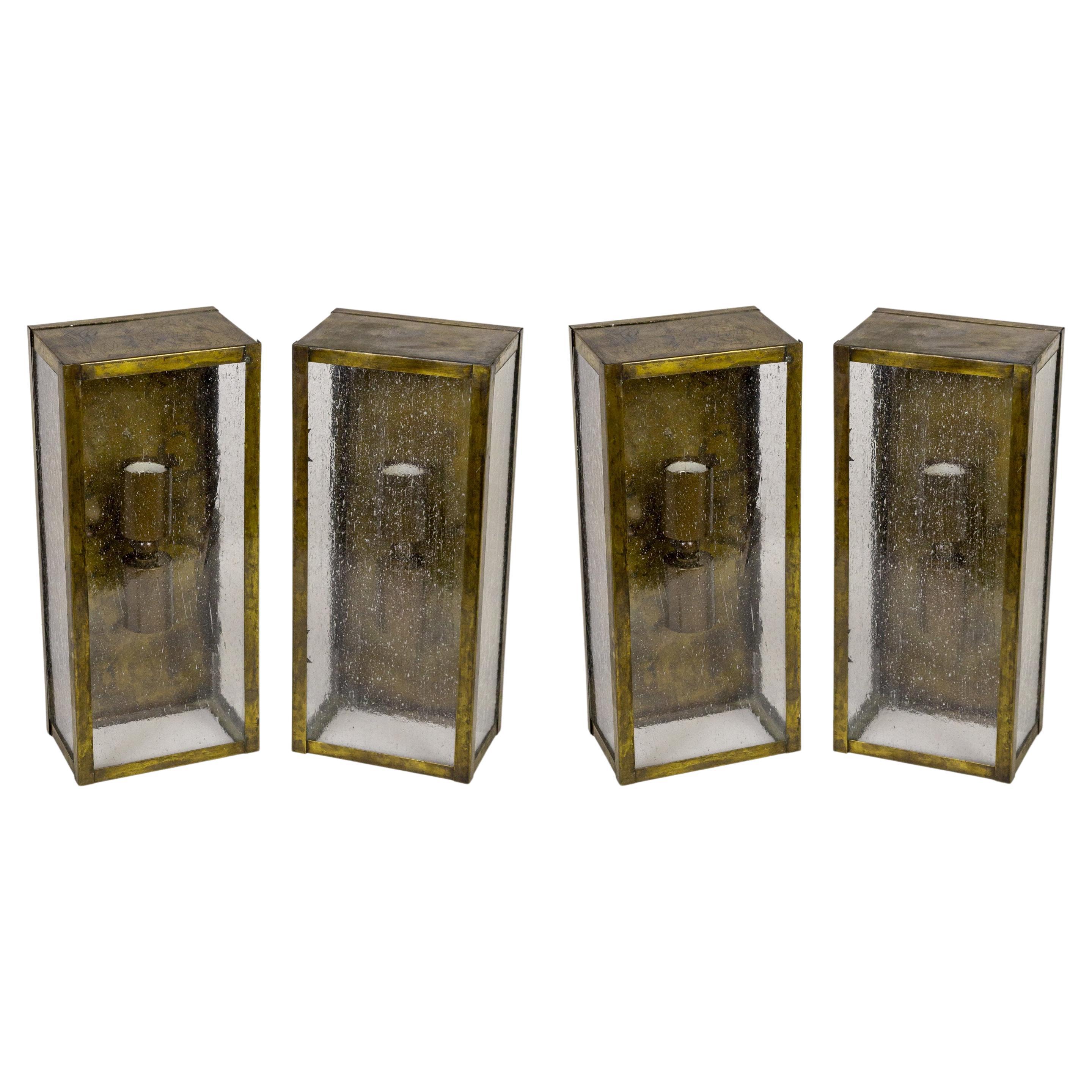 Patinated Brass Rectangle Box Sconces with Seeded Glass 'Pair' For Sale