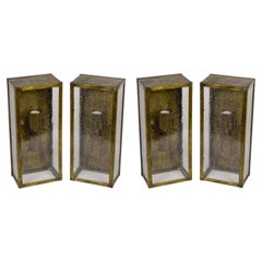 Vintage Patinated Brass Rectangle Box Sconces with Seeded Glass 'Pair'