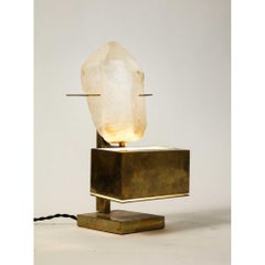 Patinated Brass & Rose Quartz Table Lamp in the Manner of Willy Daro, circa 1970