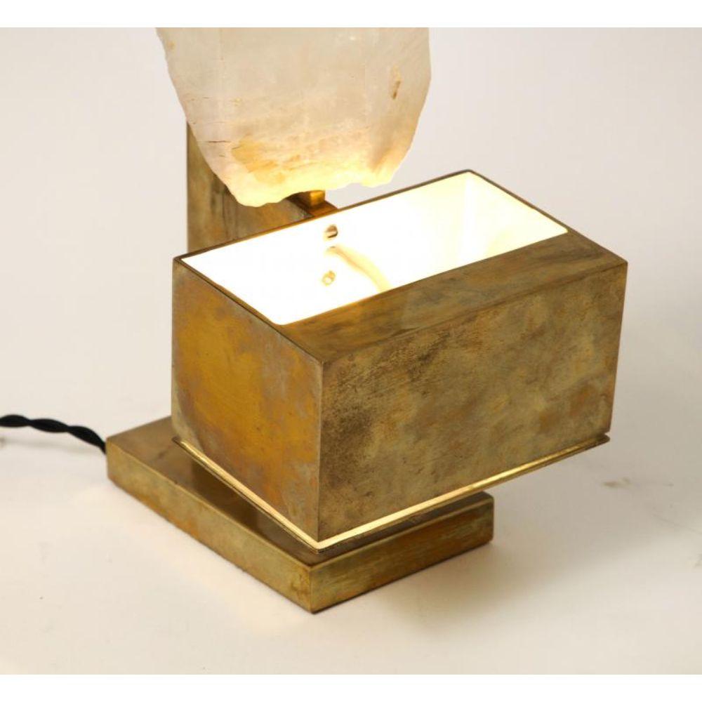 Belgian Patinated Brass & Rose Quartz Table Lamp in the Manner of Willy Daro, circa 1970 For Sale