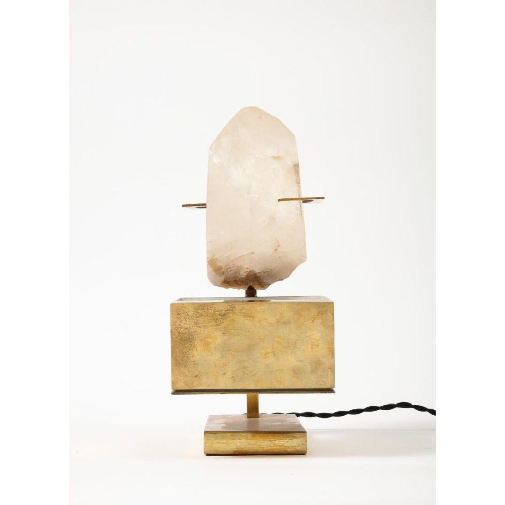 Painted Patinated Brass & Rose Quartz Table Lamp in the Manner of Willy Daro, circa 1970 For Sale