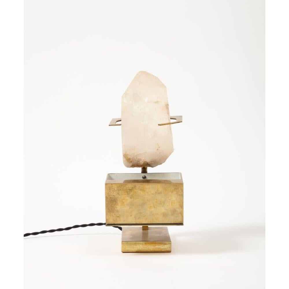 Patinated Brass & Rose Quartz Table Lamp in the Manner of Willy Daro, circa 1970 In Excellent Condition For Sale In New York City, NY