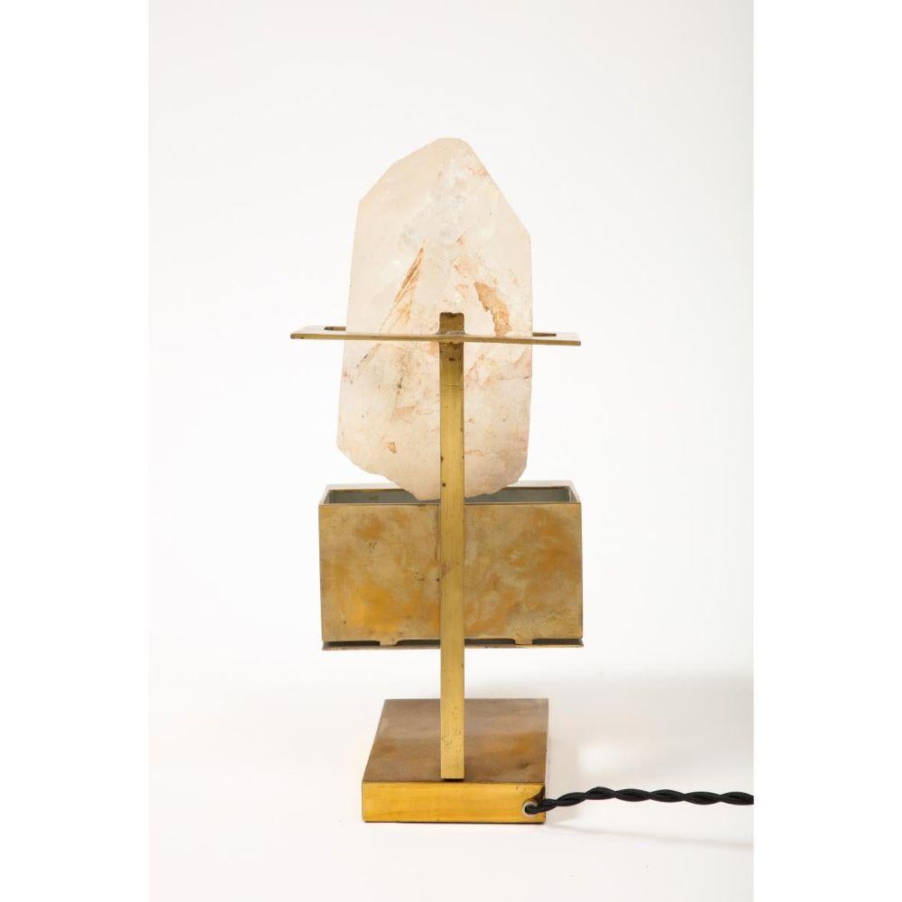 Patinated Brass & Rose Quartz Table Lamp in the Manner of Willy Daro, circa 1970 For Sale 1