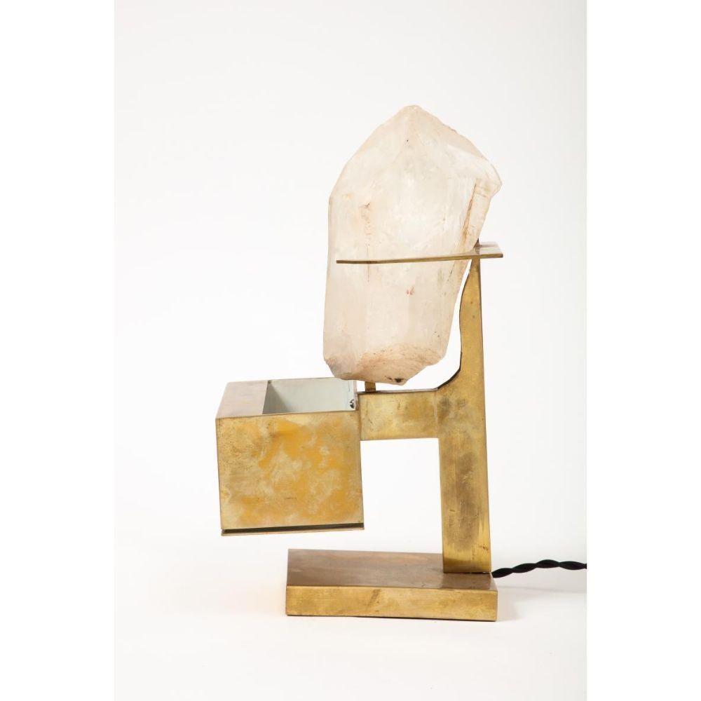 Patinated Brass & Rose Quartz Table Lamp in the Manner of Willy Daro, circa 1970 For Sale 2