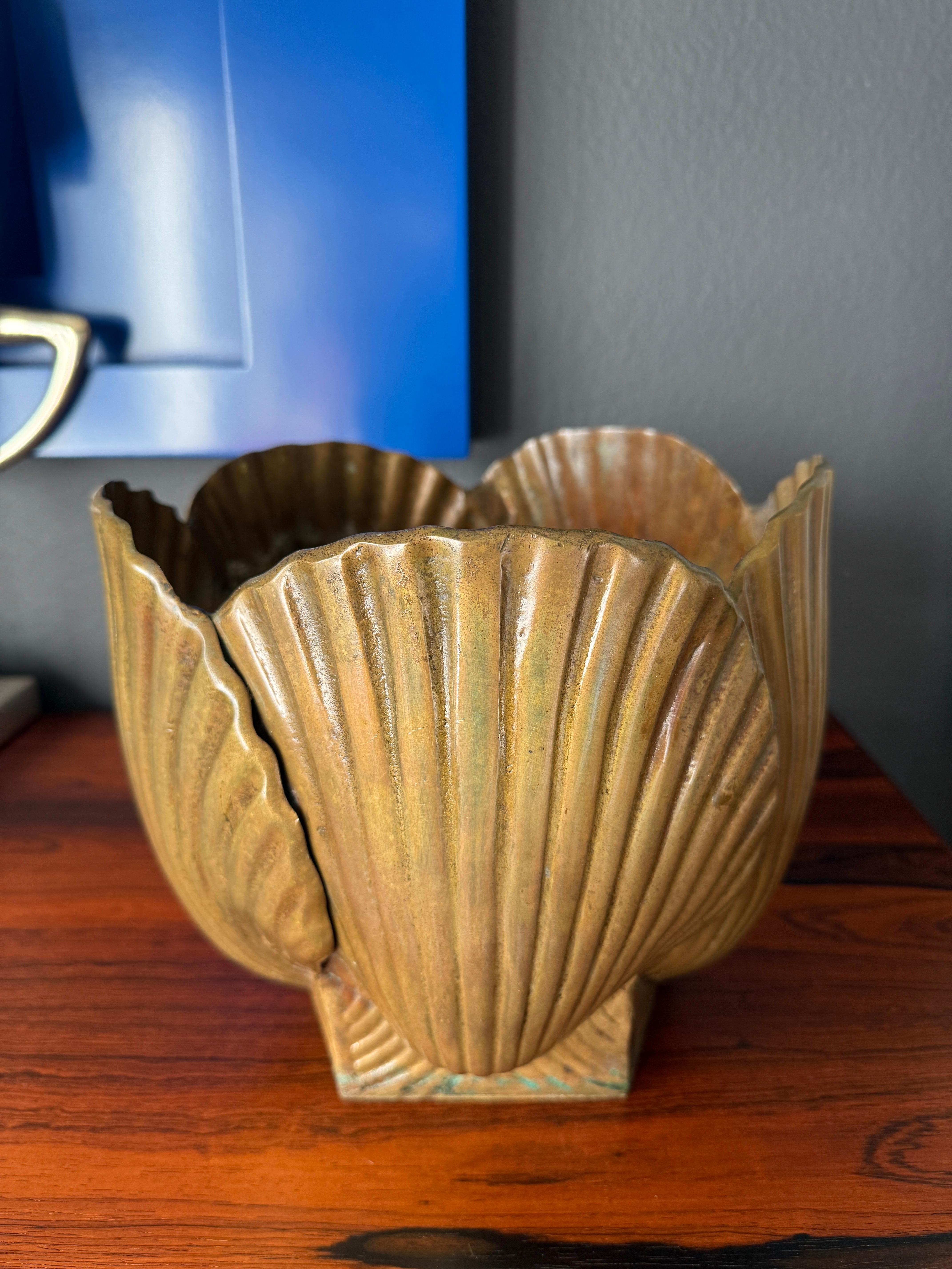 Hollywood Regency style patinated brass sea shell planter.