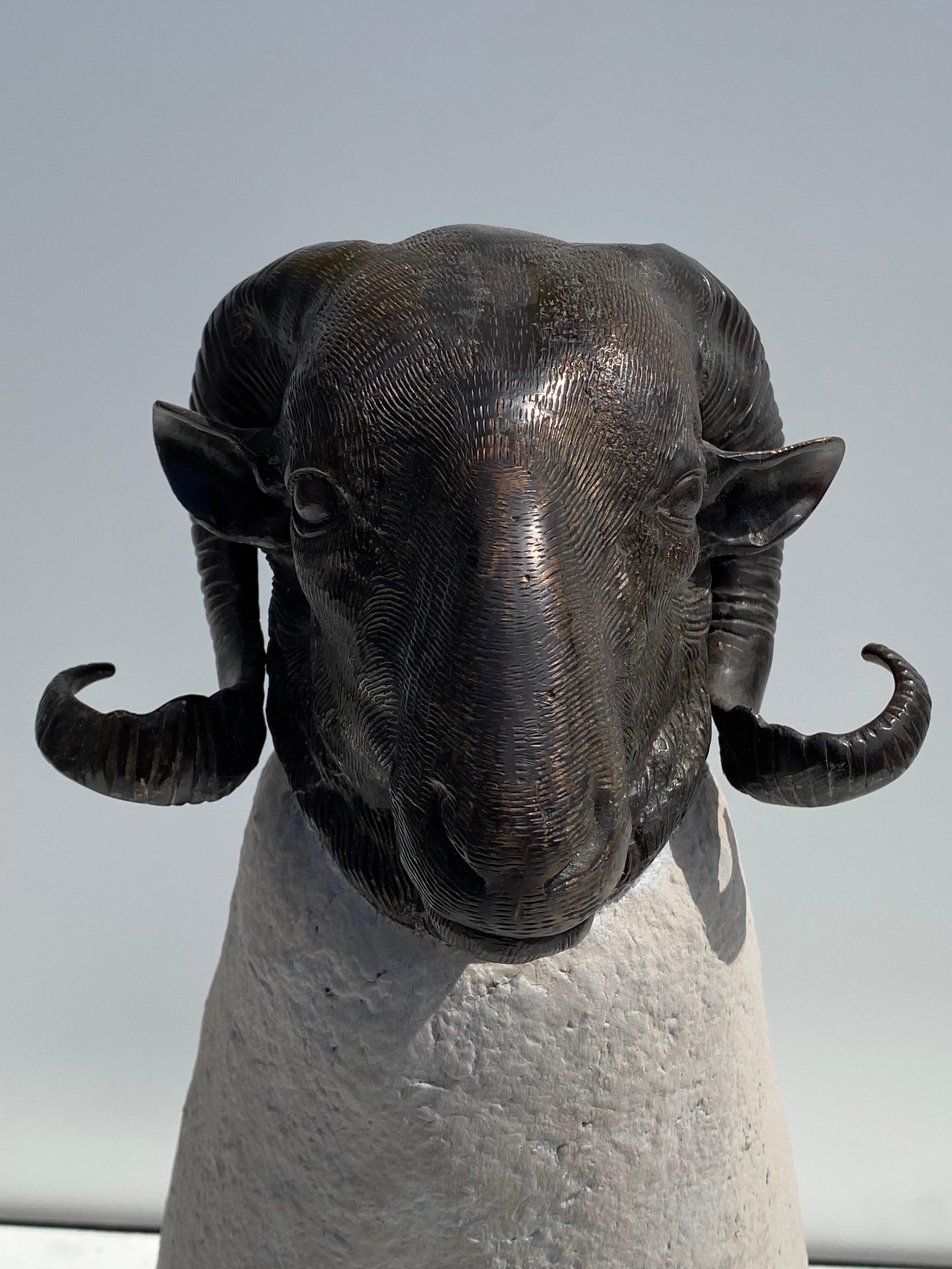 Patinated Brass Sheep / Ram Sculpture in Faux Concrete For Sale 5