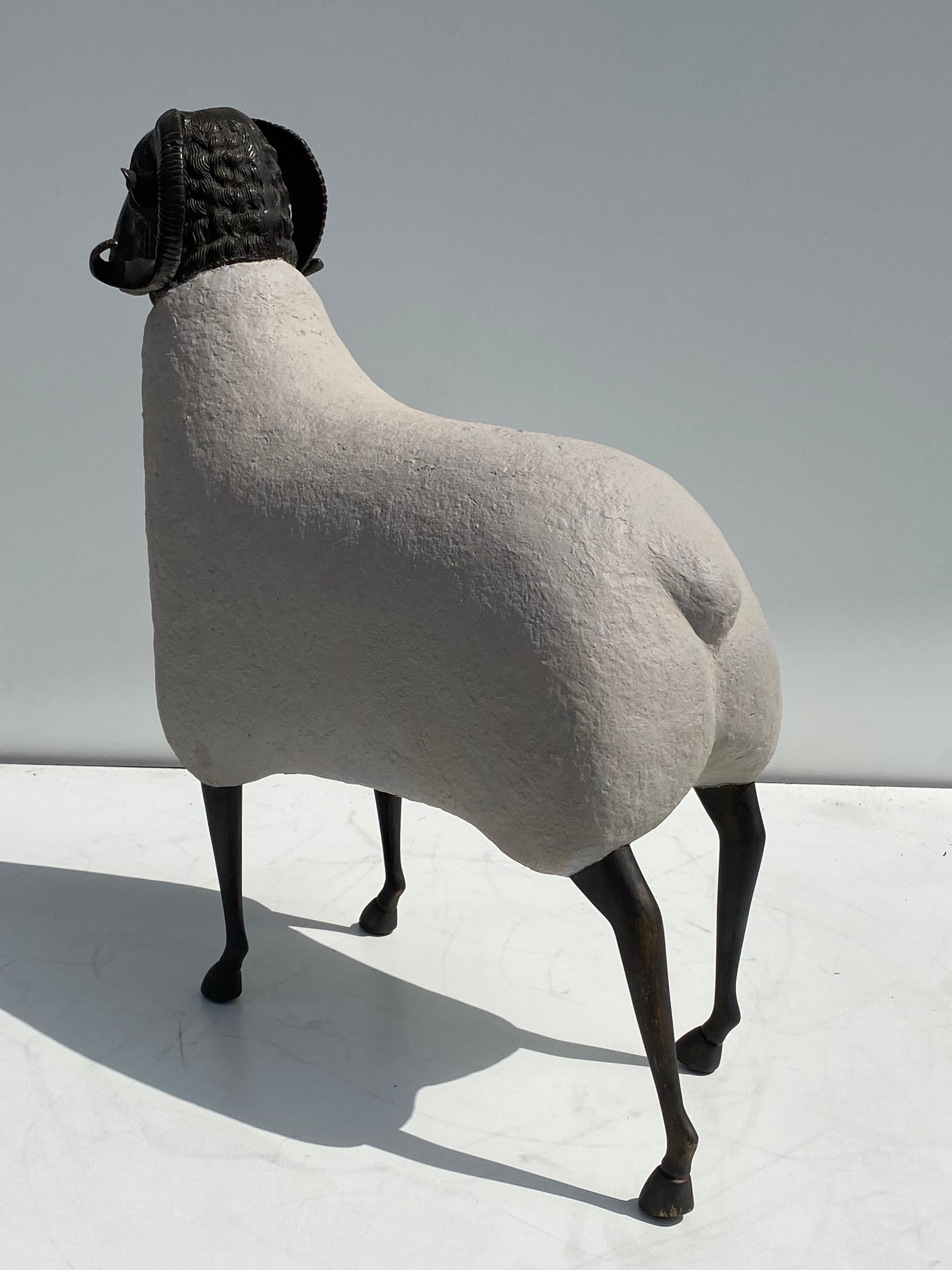 Hollywood Regency Patinated Brass Sheep / Ram Sculpture in Faux Concrete For Sale