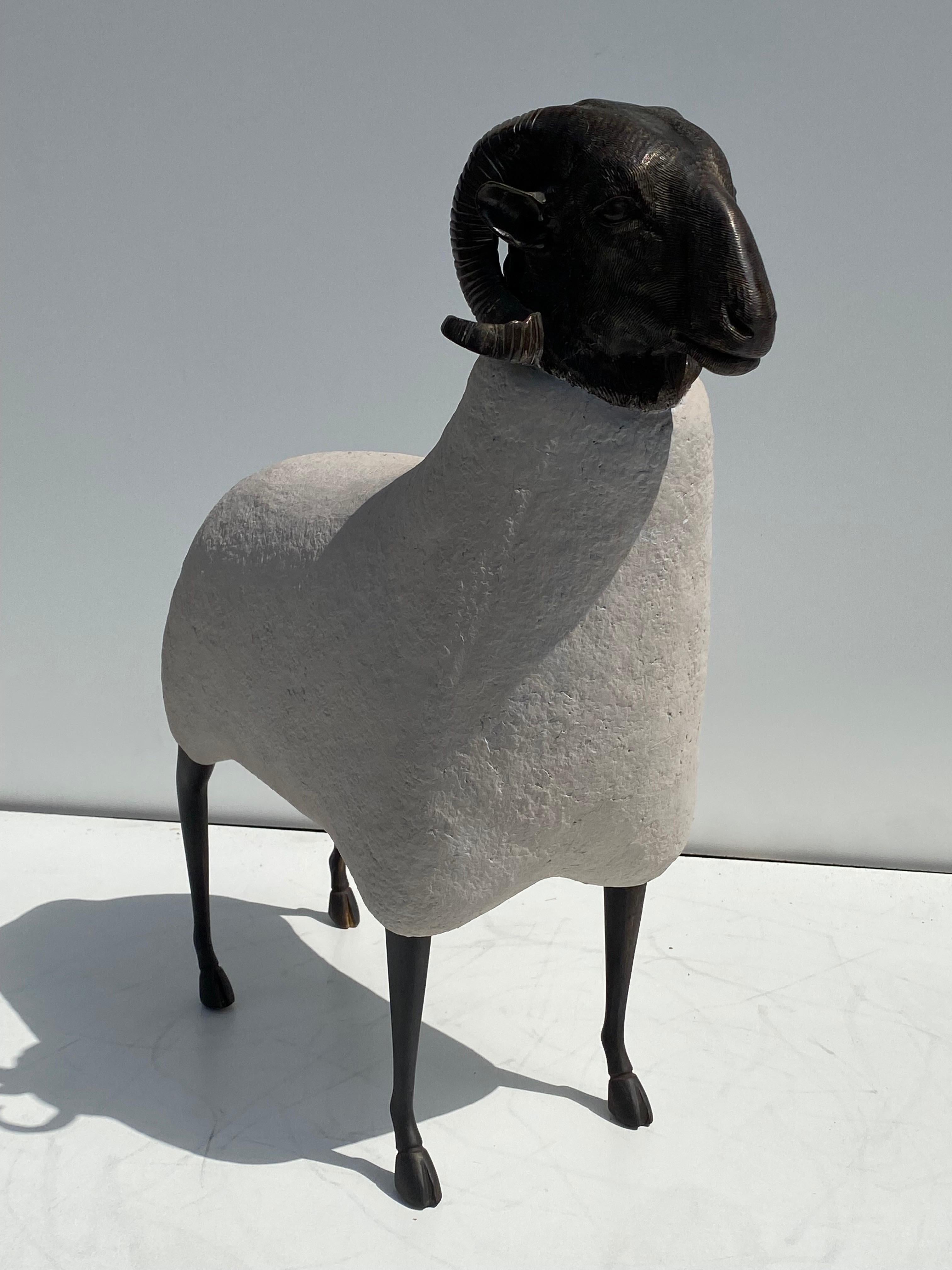 Late 20th Century Patinated Brass Sheep / Ram Sculpture in Faux Concrete For Sale