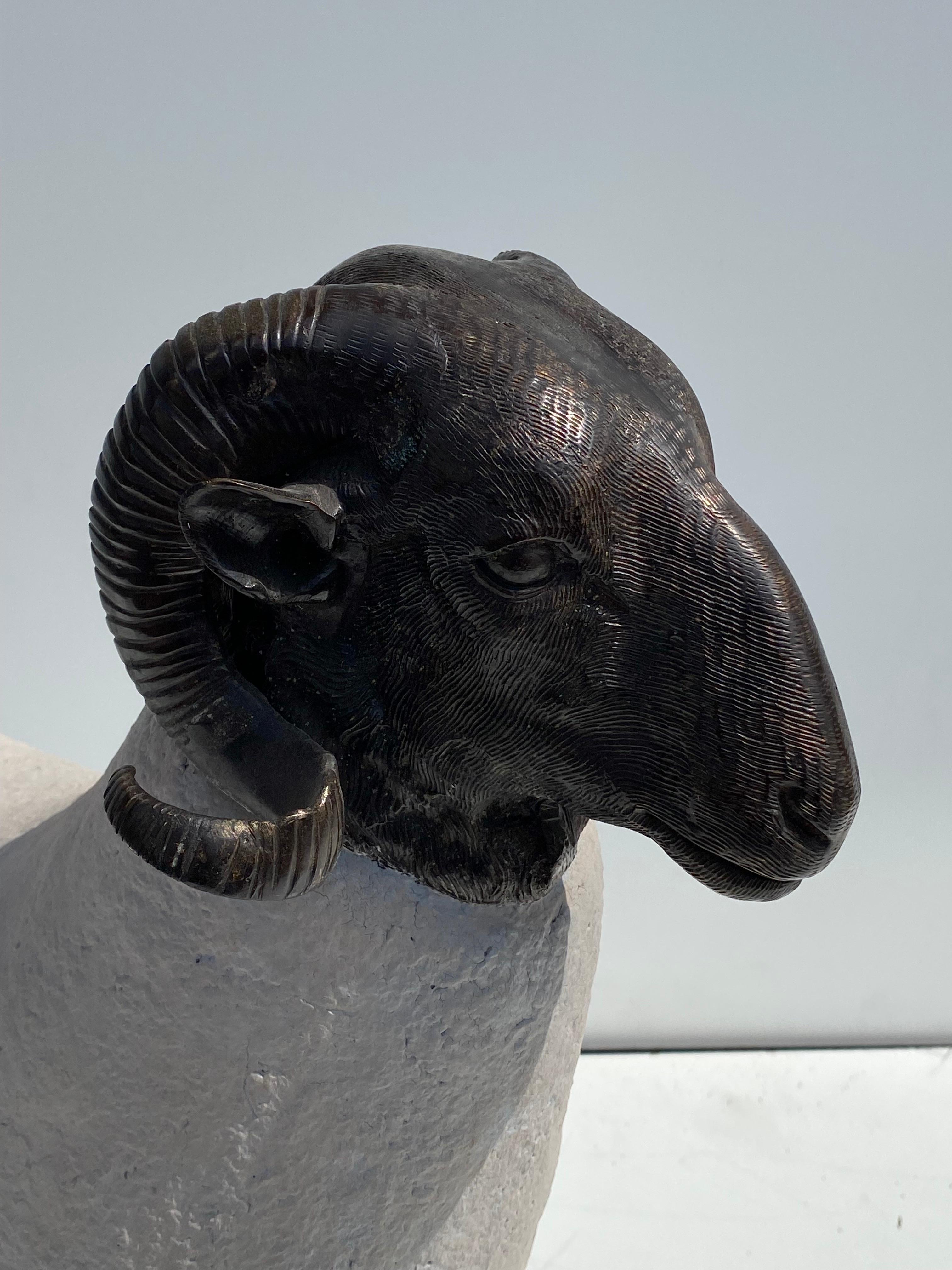 Patinated Brass Sheep / Ram Sculpture in Faux Concrete For Sale 1