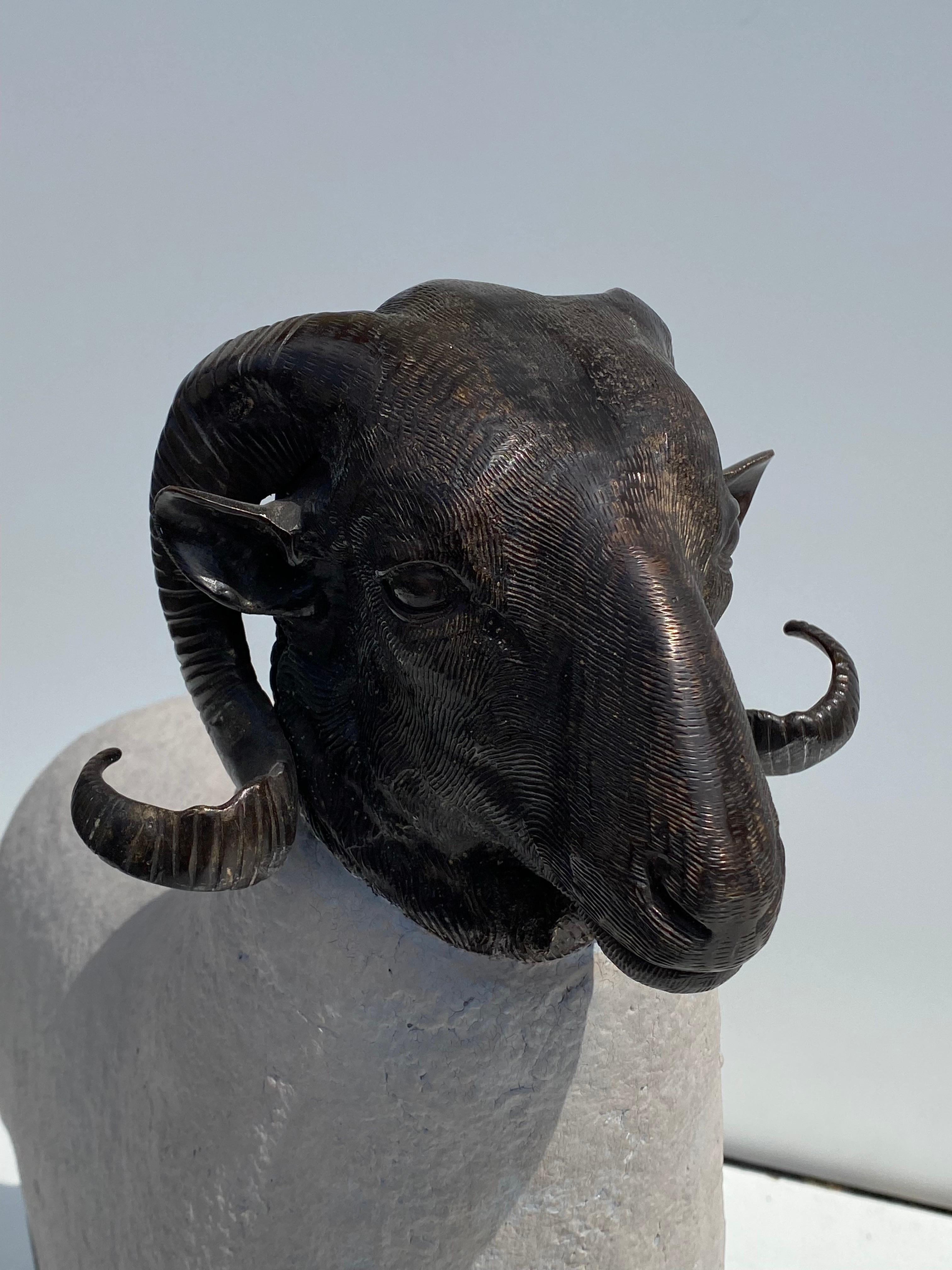 Patinated Brass Sheep / Ram Sculpture in Faux Concrete For Sale 2