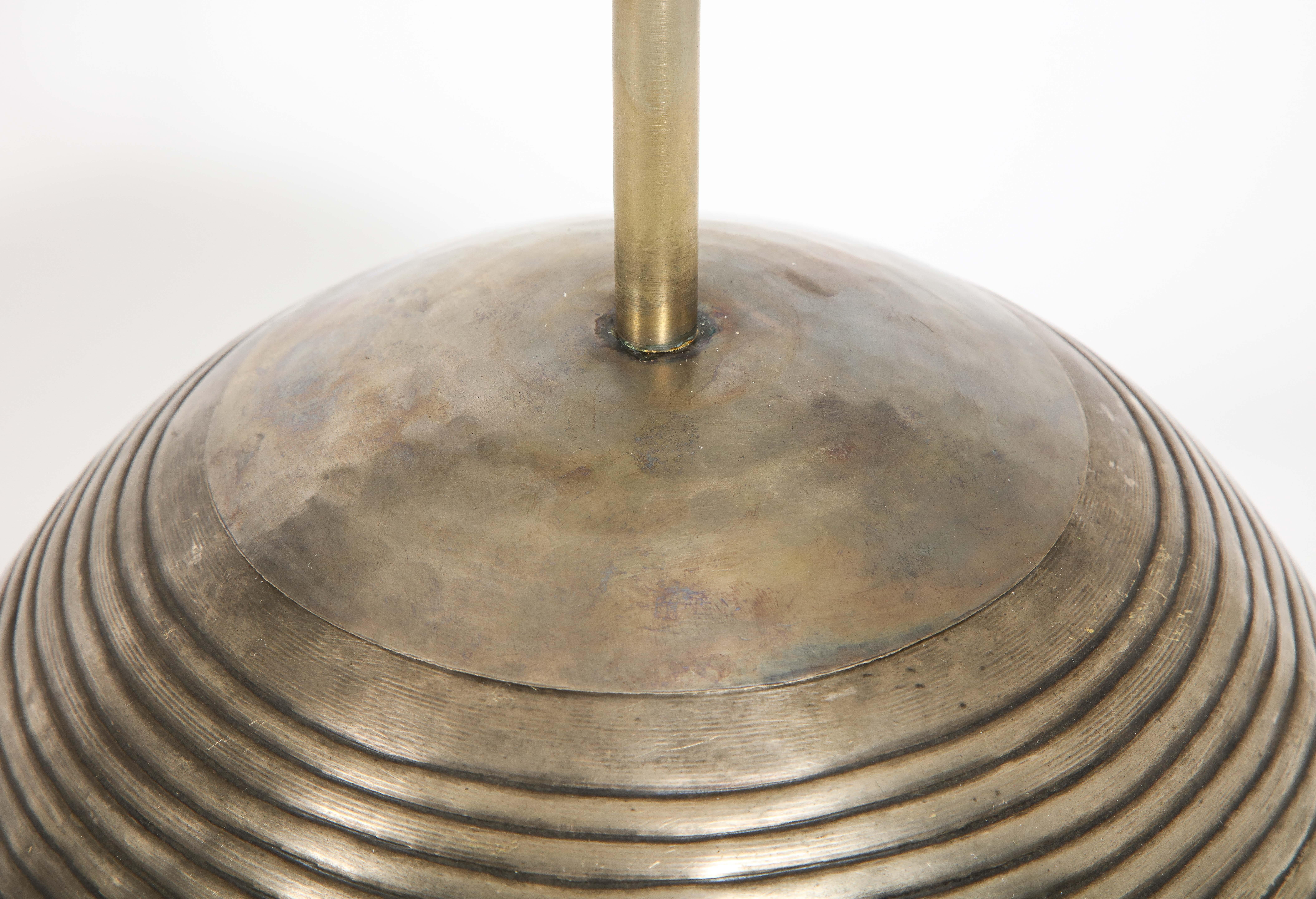 Ribbed Patinated Brass Spherical Table Lamp, France 1960's For Sale 5
