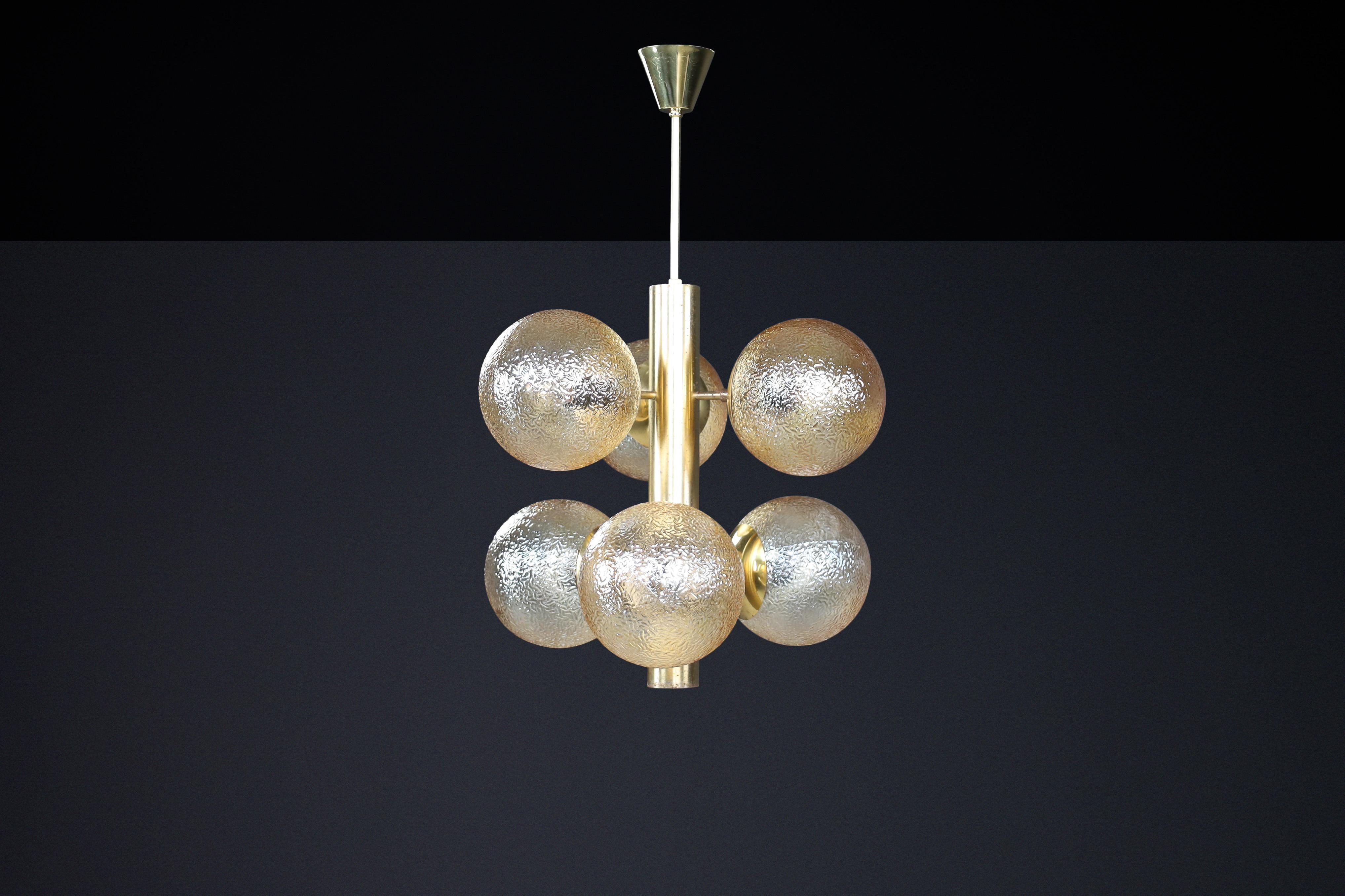 Patinated Brass Sputnik Chandelier with Six Gold-Colored Globes, Germany 1960s For Sale 5