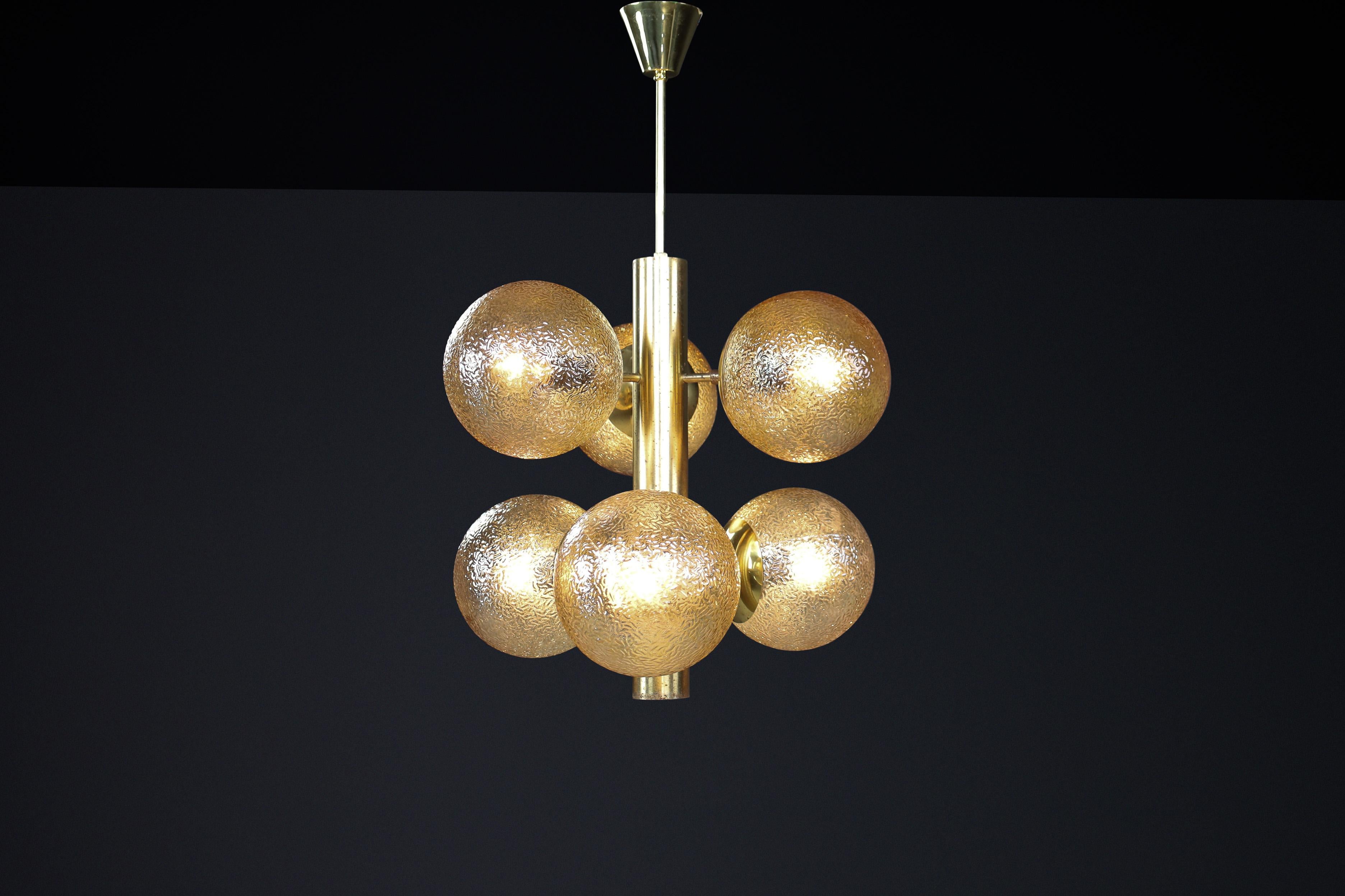 20th Century Patinated Brass Sputnik Chandelier with Six Gold-Colored Globes, Germany 1960s For Sale
