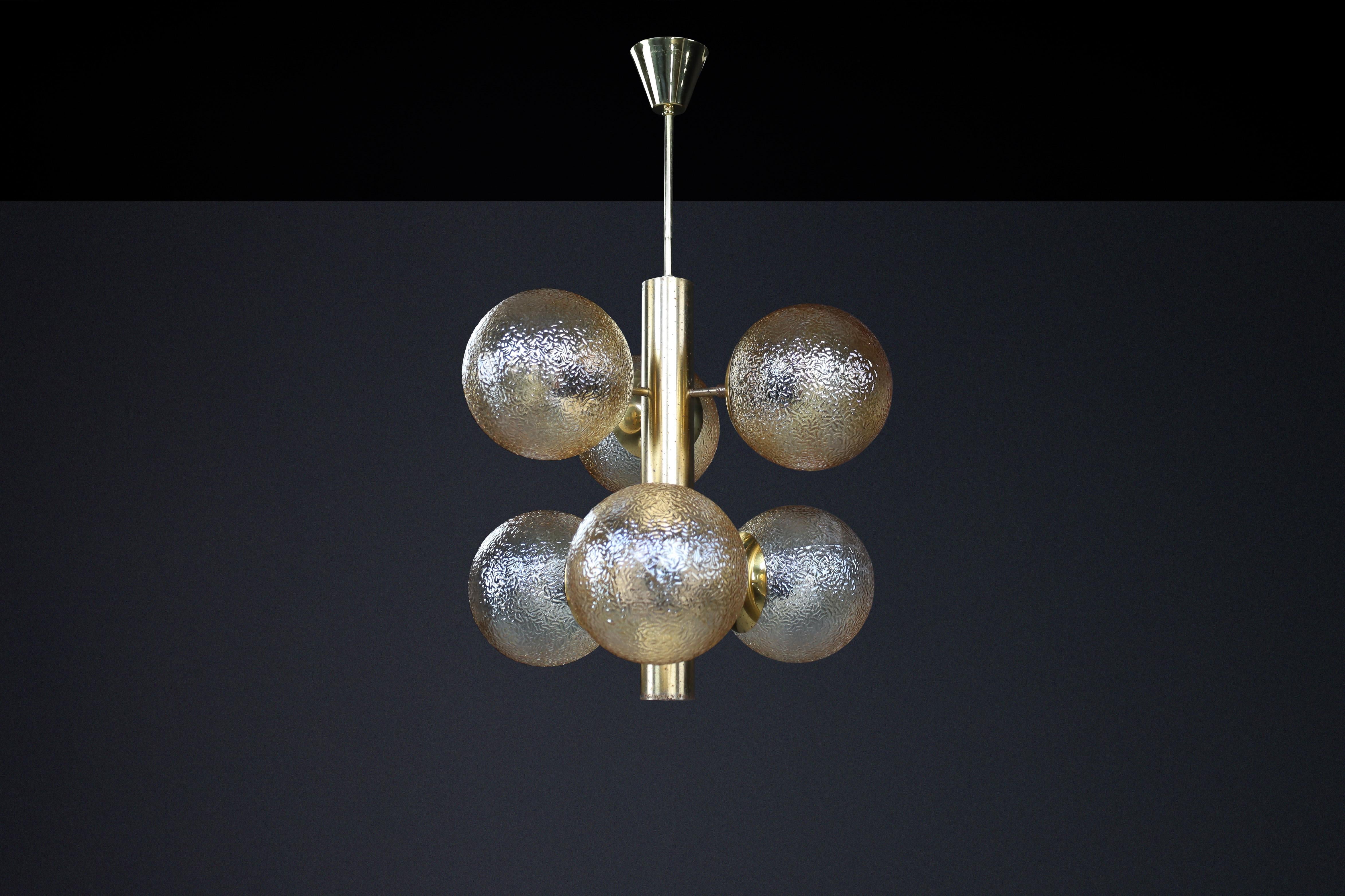 Patinated Brass Sputnik Chandelier with Six Gold-Colored Globes, Germany 1960s For Sale 3