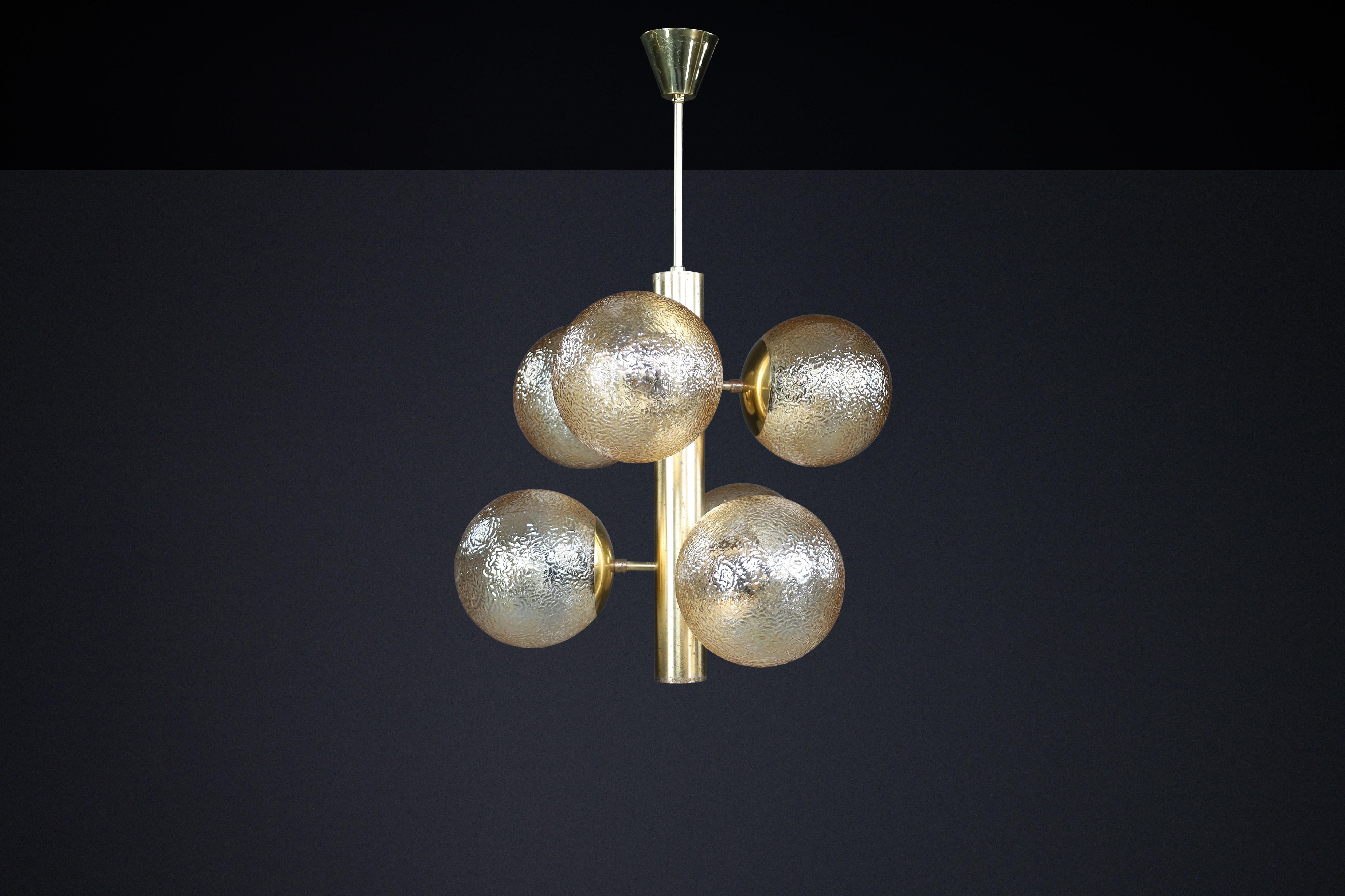 Patinated Brass Sputnik Chandelier with Six Gold-Colored Globes, Germany 1960s For Sale 4