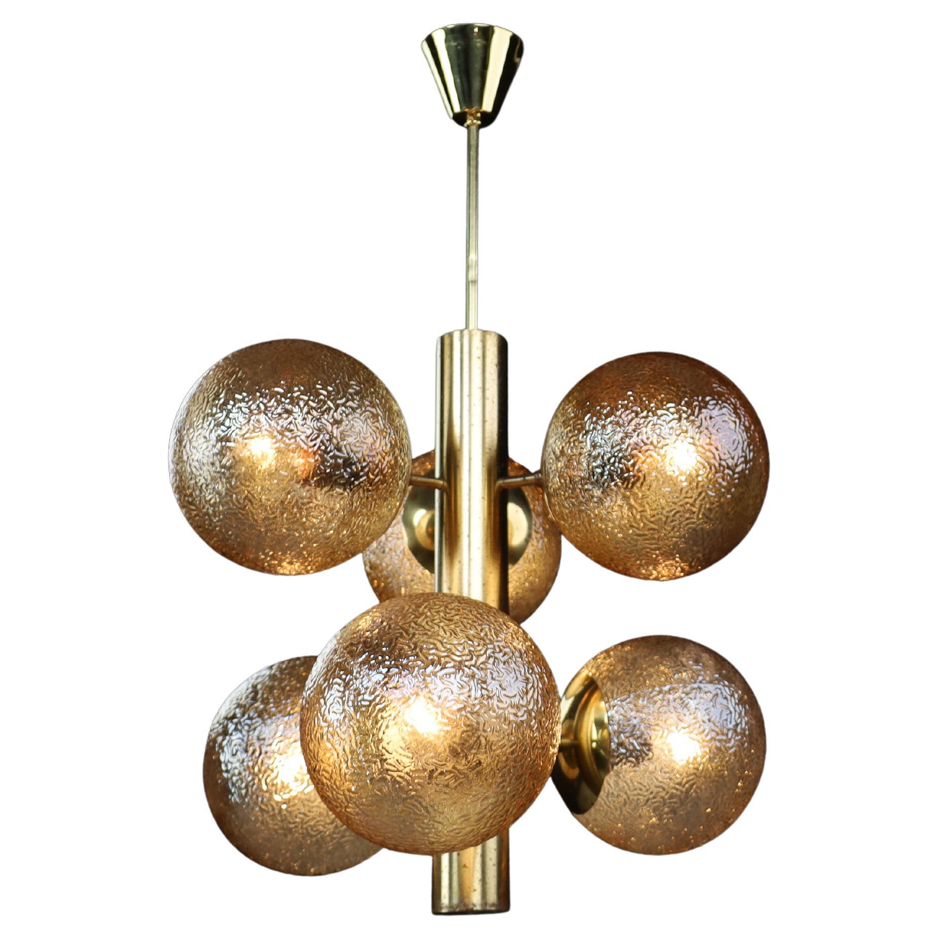 Patinated Brass Sputnik Chandelier with Six Gold-Colored Globes, Germany 1960s