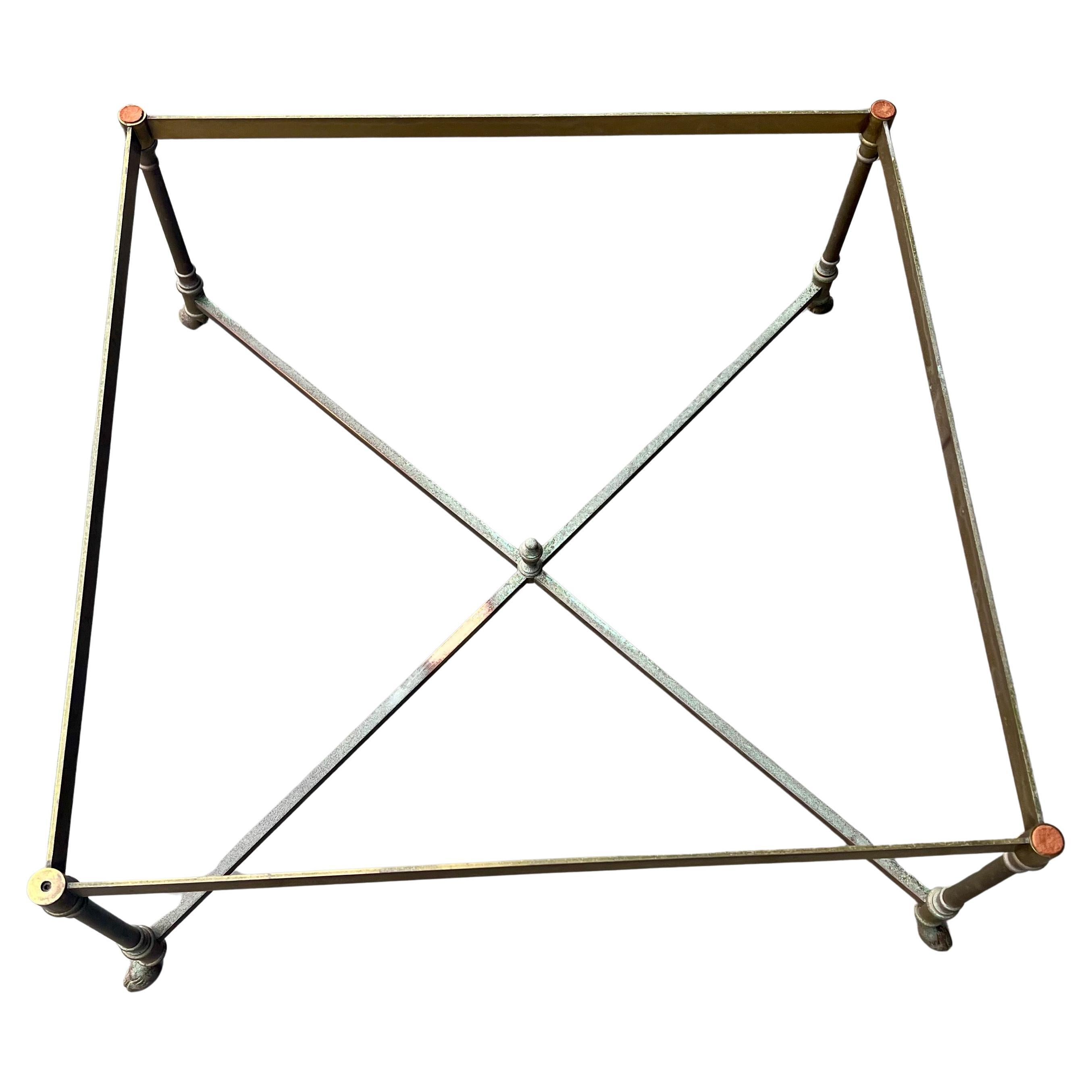 Patinated Brass Square Coffee Table Base Italian Hollywood Regency In Distressed Condition For Sale In San Diego, CA