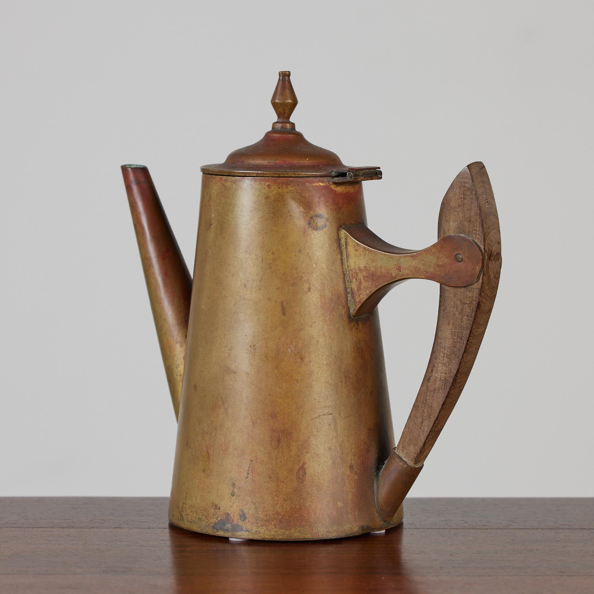 Mid-Century Modern Patinated Brass Teapot with Wooden Handle