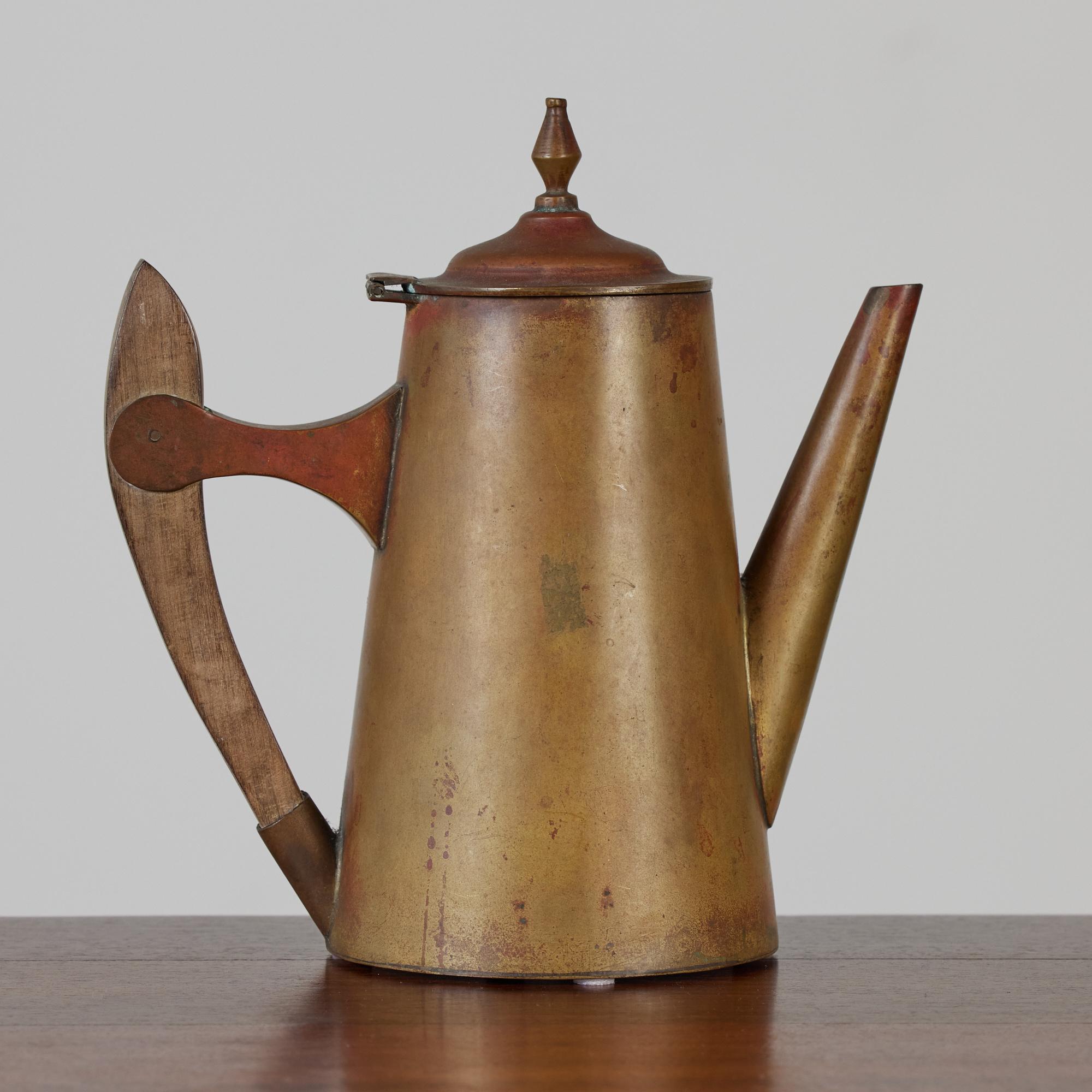 Mexican Patinated Brass Teapot with Wooden Handle