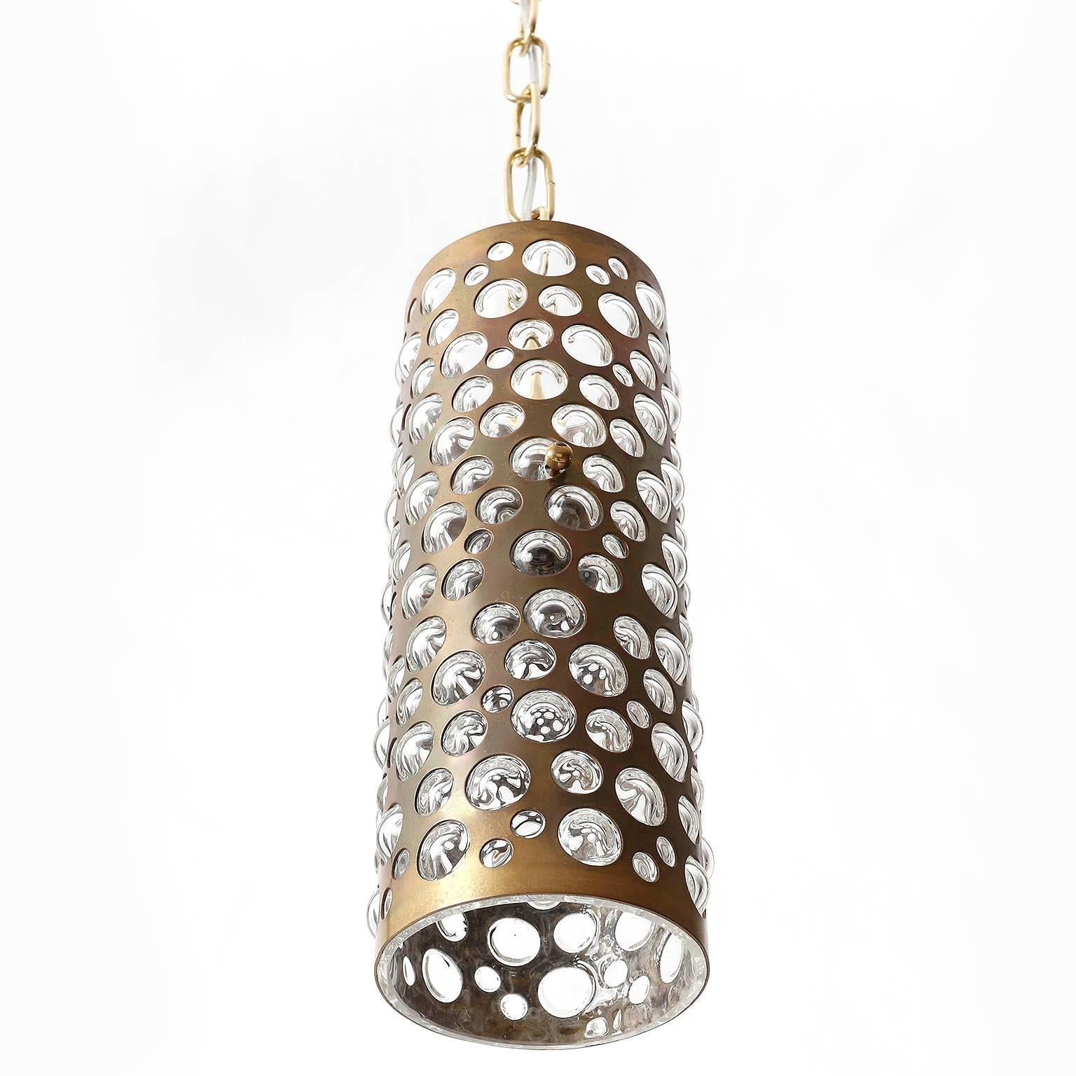 Mid-20th Century Patinated Brass Textured Glass Pendant Light, Rupert Nikoll, Austria, 1 of 6