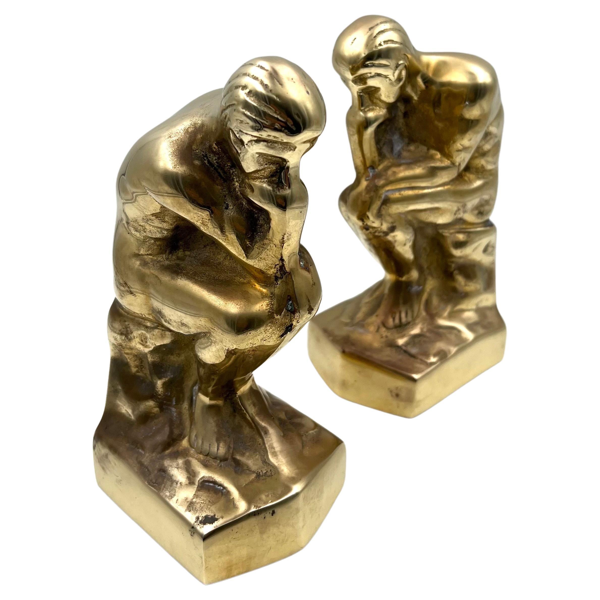 Patinated Brass the Thinker Pair of Bookends After Rodin Sculpture