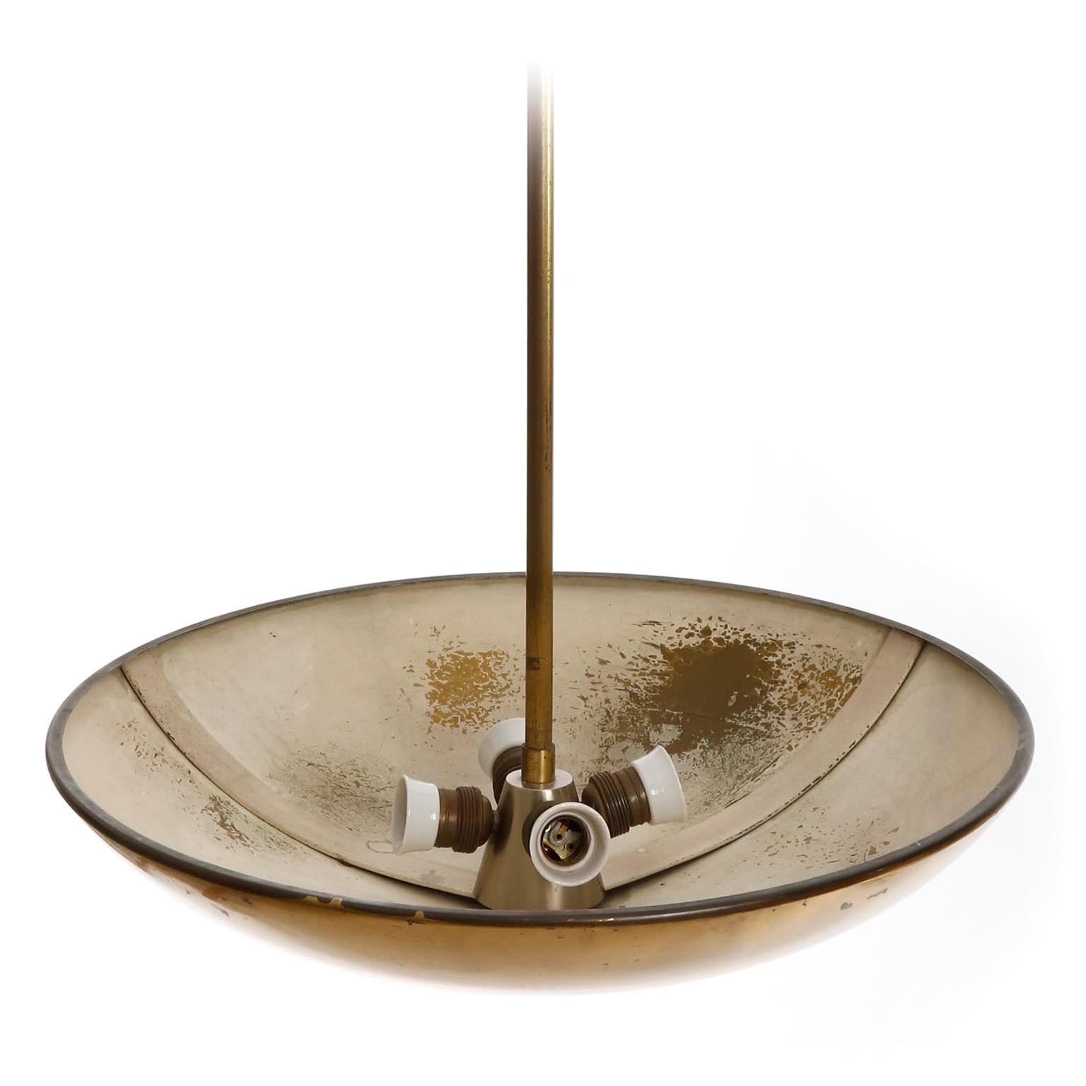 Patinated Brass Uplight Bowl Chandelier Pendant Light by J.T. Kalmar, 1960 For Sale 1