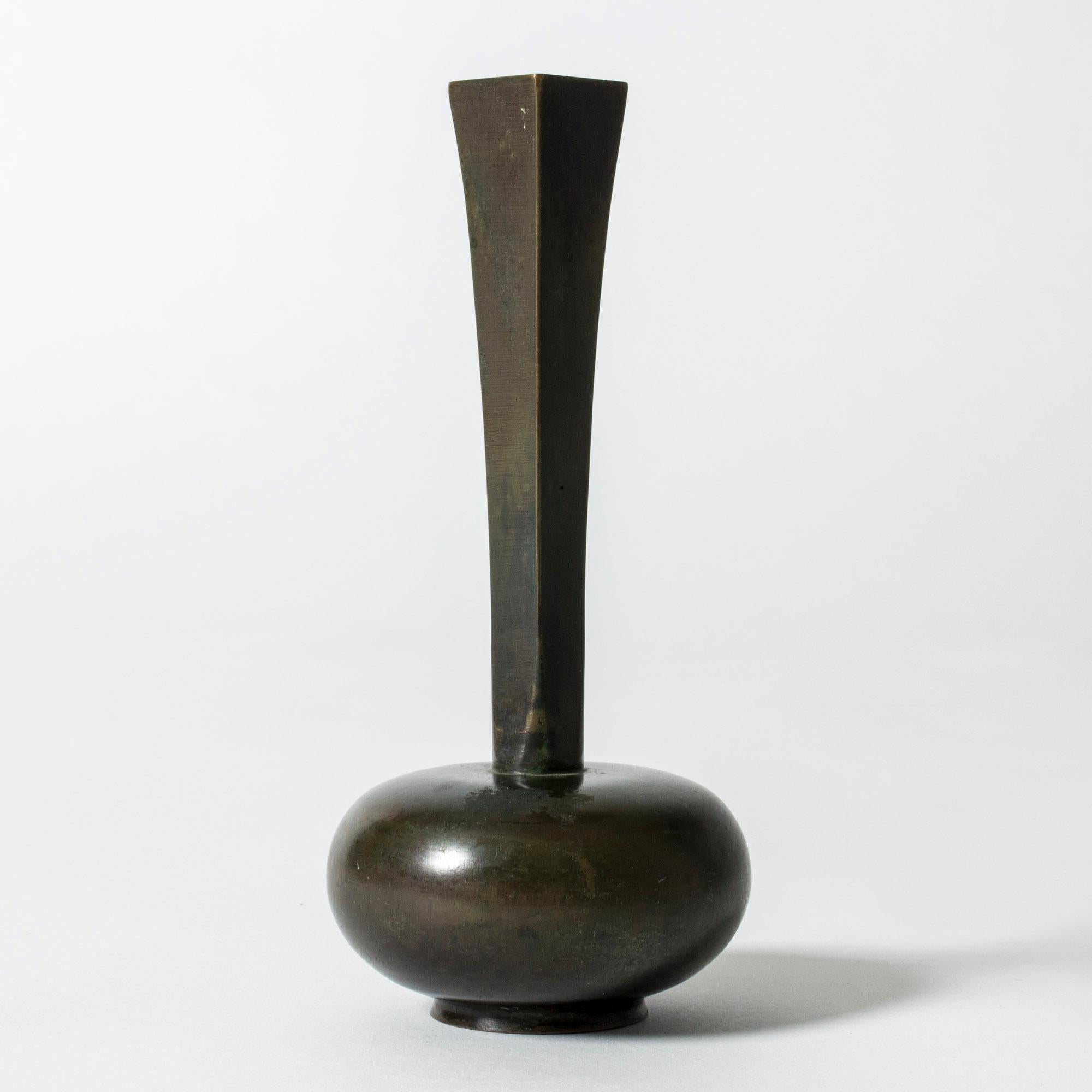 Beautiful bronze vase from GAB, patinated dark green in varying nuances. Plump base contrasted with a slender, tapering neck.

GAB was founded in Stockholm in 1867 and was an important influence on the Swedish art and crafts and industrial design