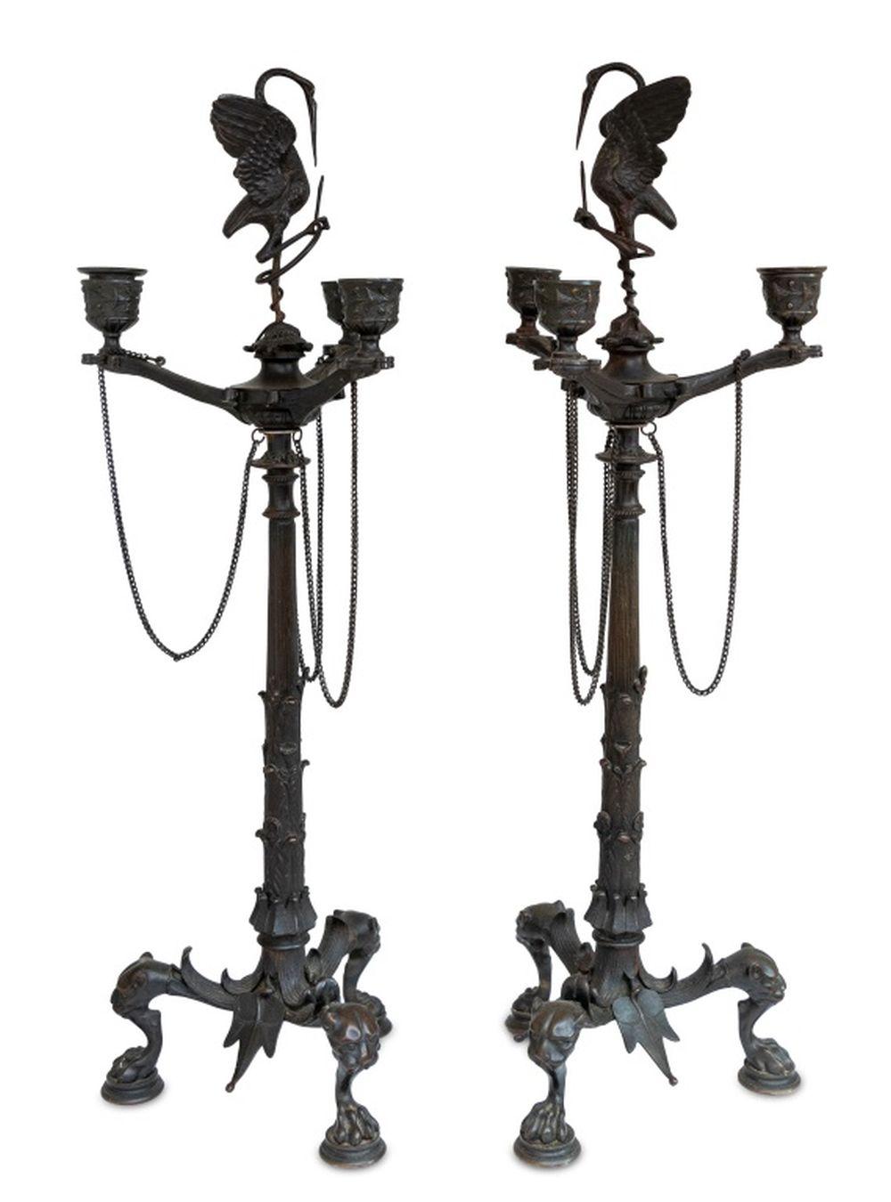 European Patinated Bronze 3-Branch Candelabra, Pair For Sale