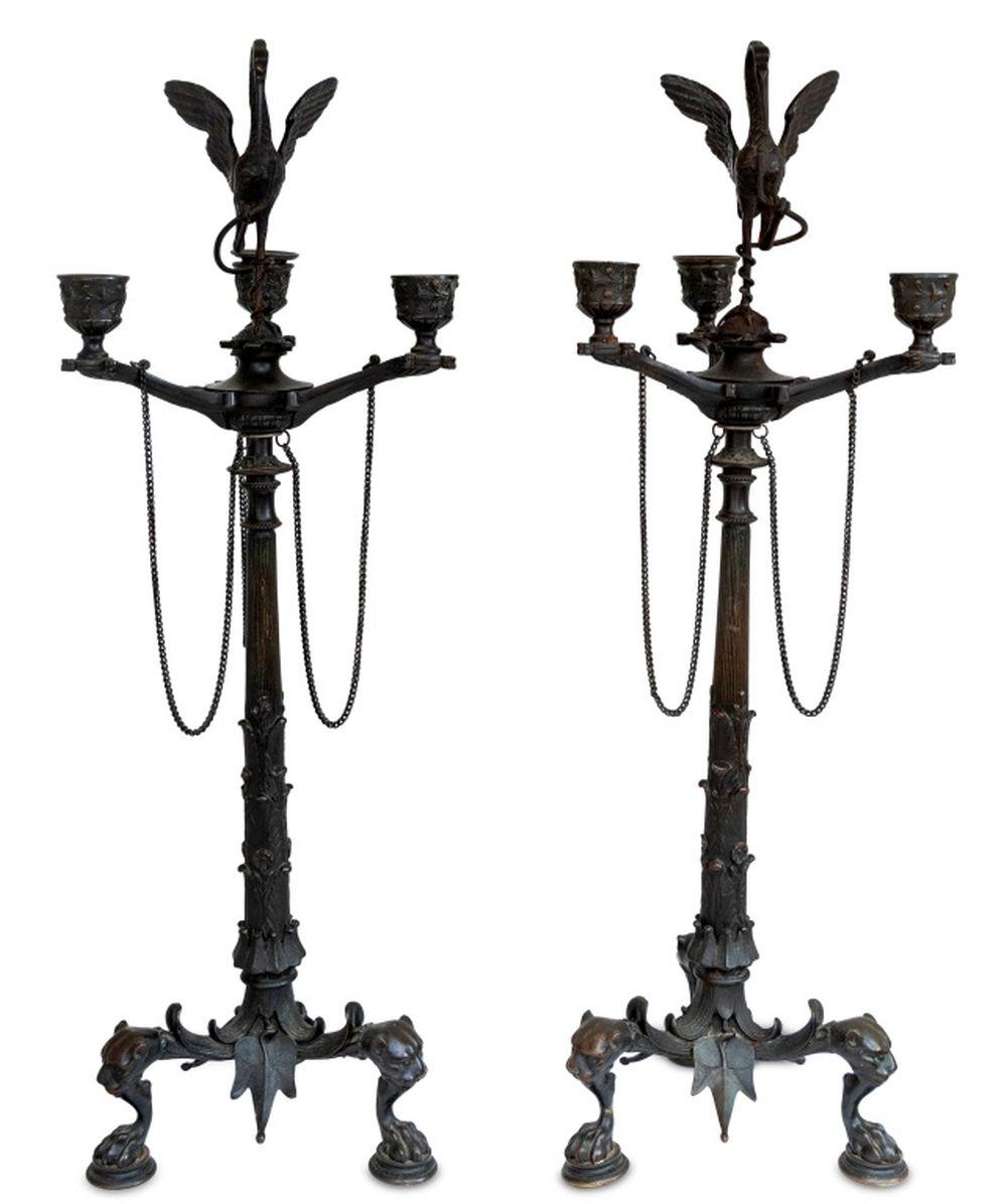 Patinated Bronze 3-Branch Candelabra, Pair In Good Condition For Sale In Astoria, NY