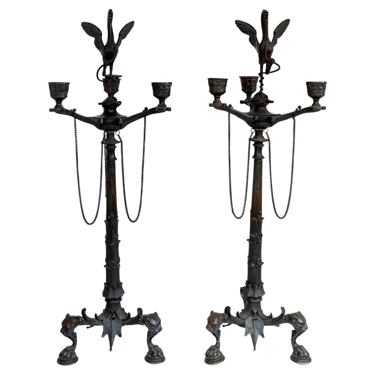 Patinated Bronze 3-Branch Candelabra, Pair For Sale