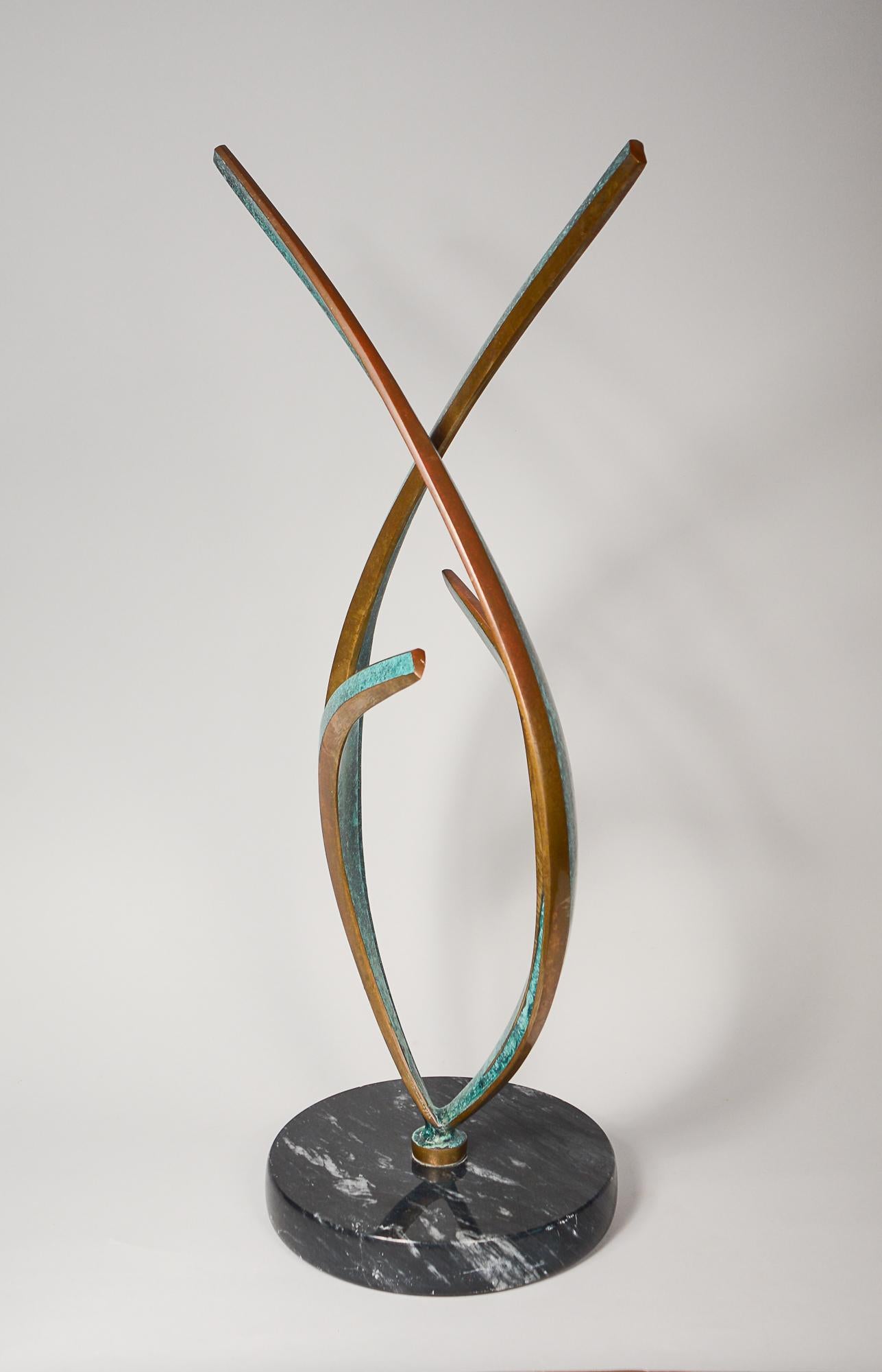Large bronze sculpture by California artist Bob Bennett (1939-2003). The bronze has a vibrant turquoise patination with polished bronze edges. 