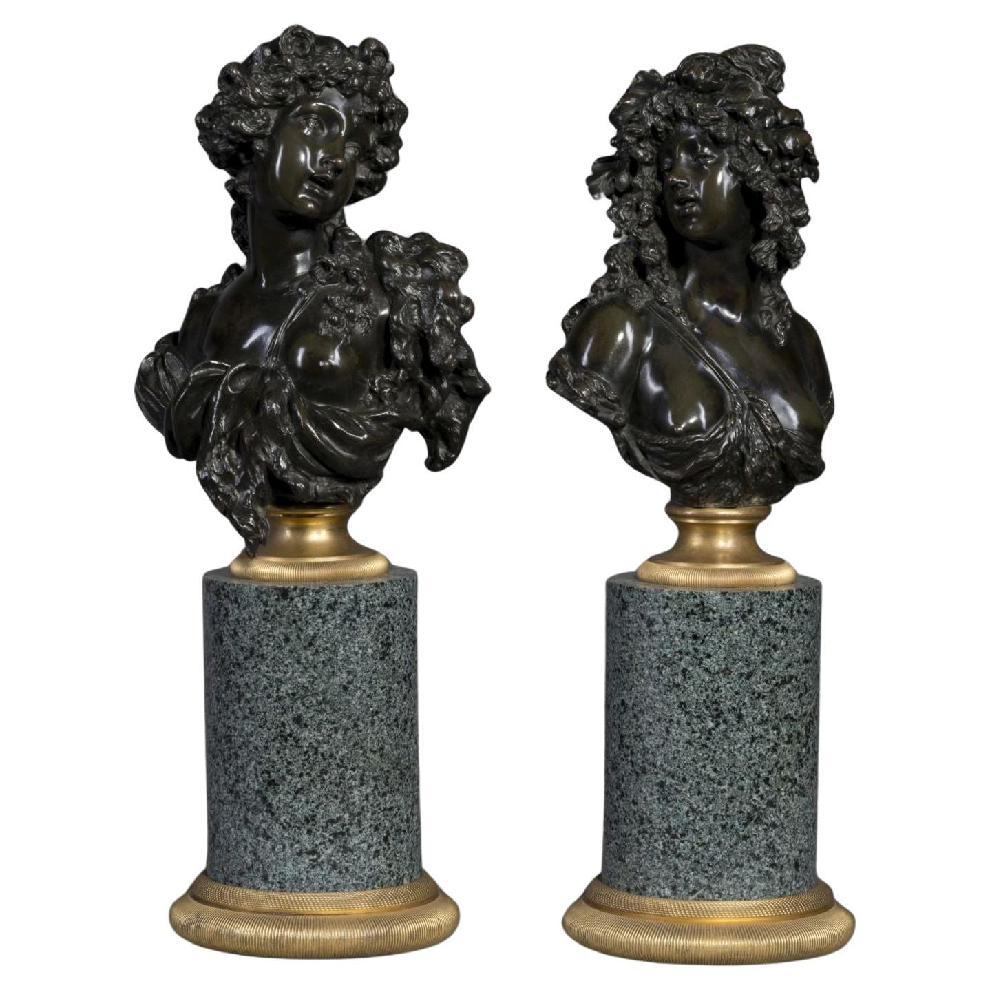 Bustes allégoriques d'automne et d'été en bronze patiné par Pierre-Louis Détrier