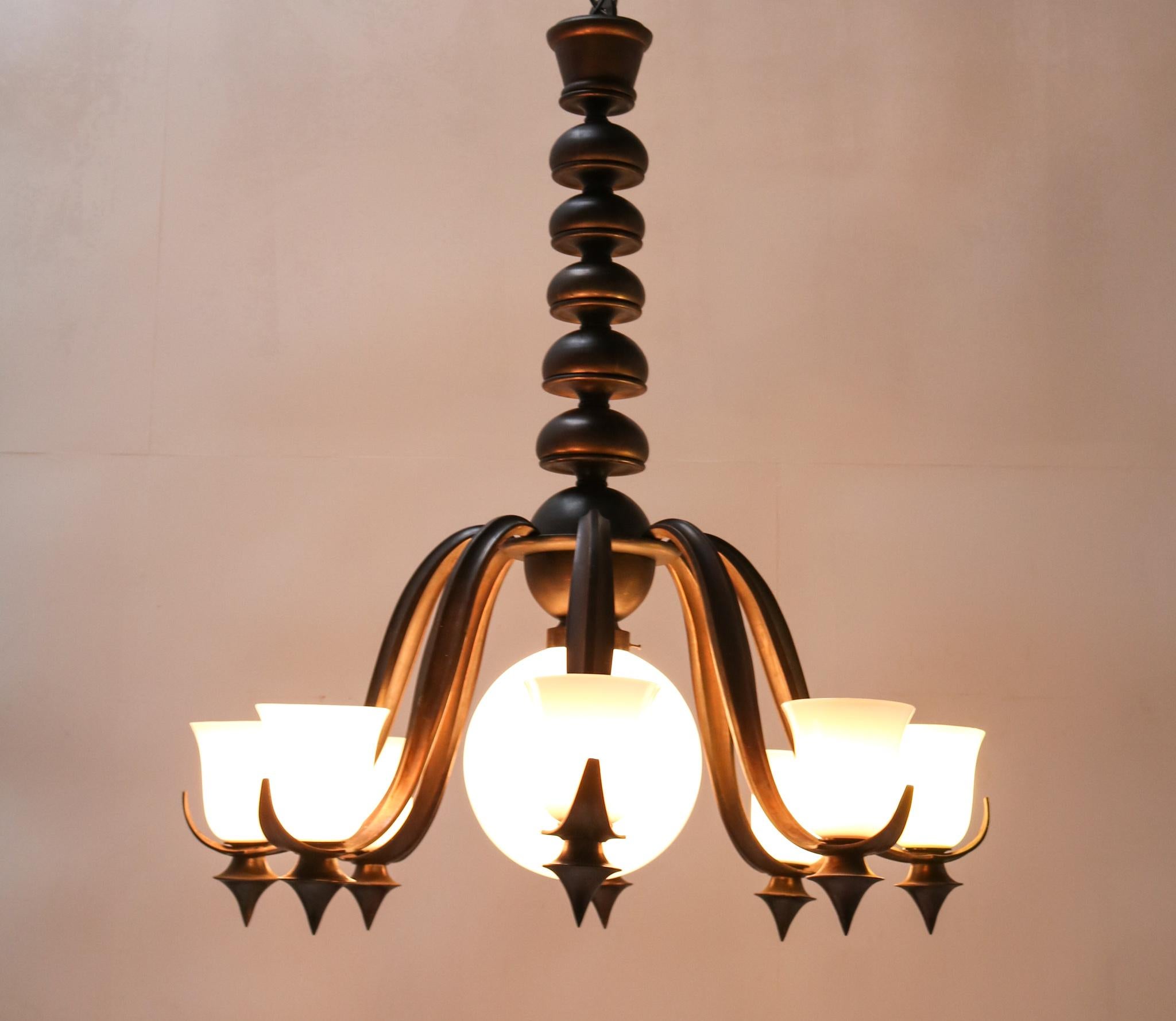 French Patinated Bronze Art Deco Large Chandelier, 1930s