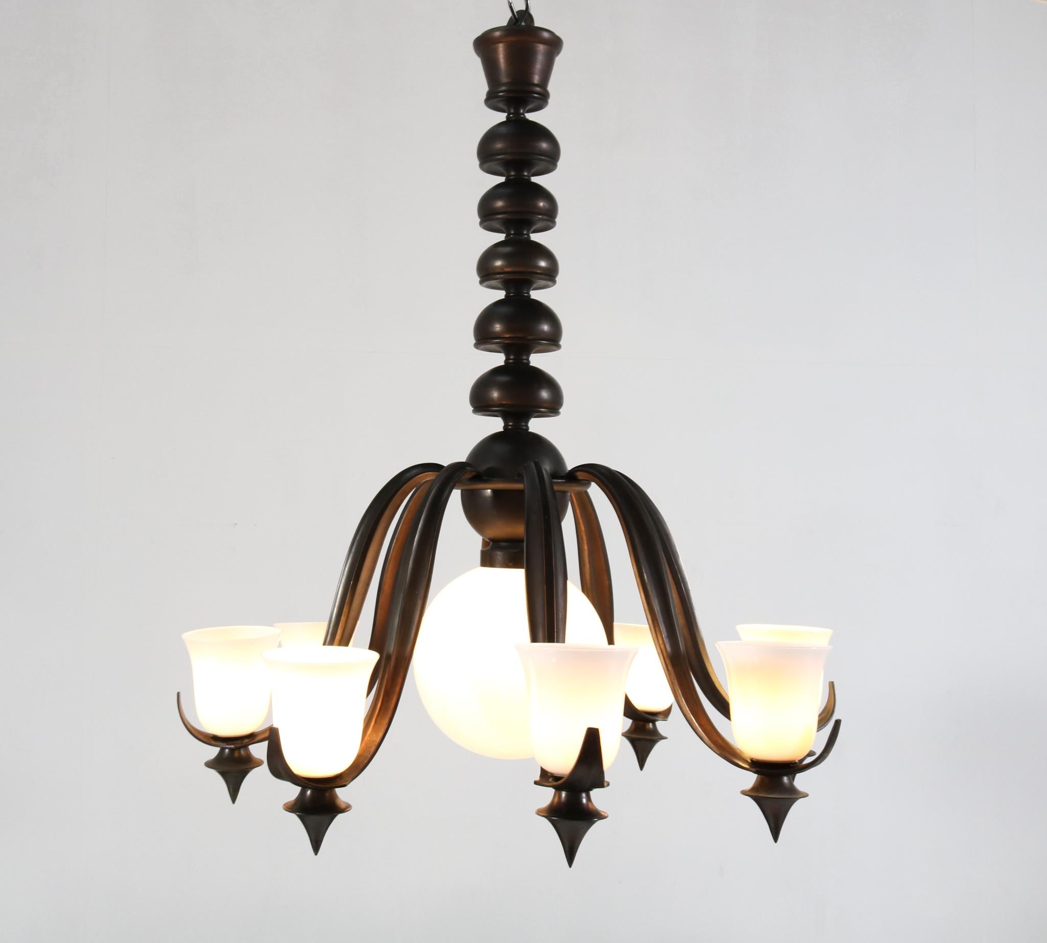Patinated Bronze Art Deco Large Chandelier, 1930s In Good Condition In Amsterdam, NL