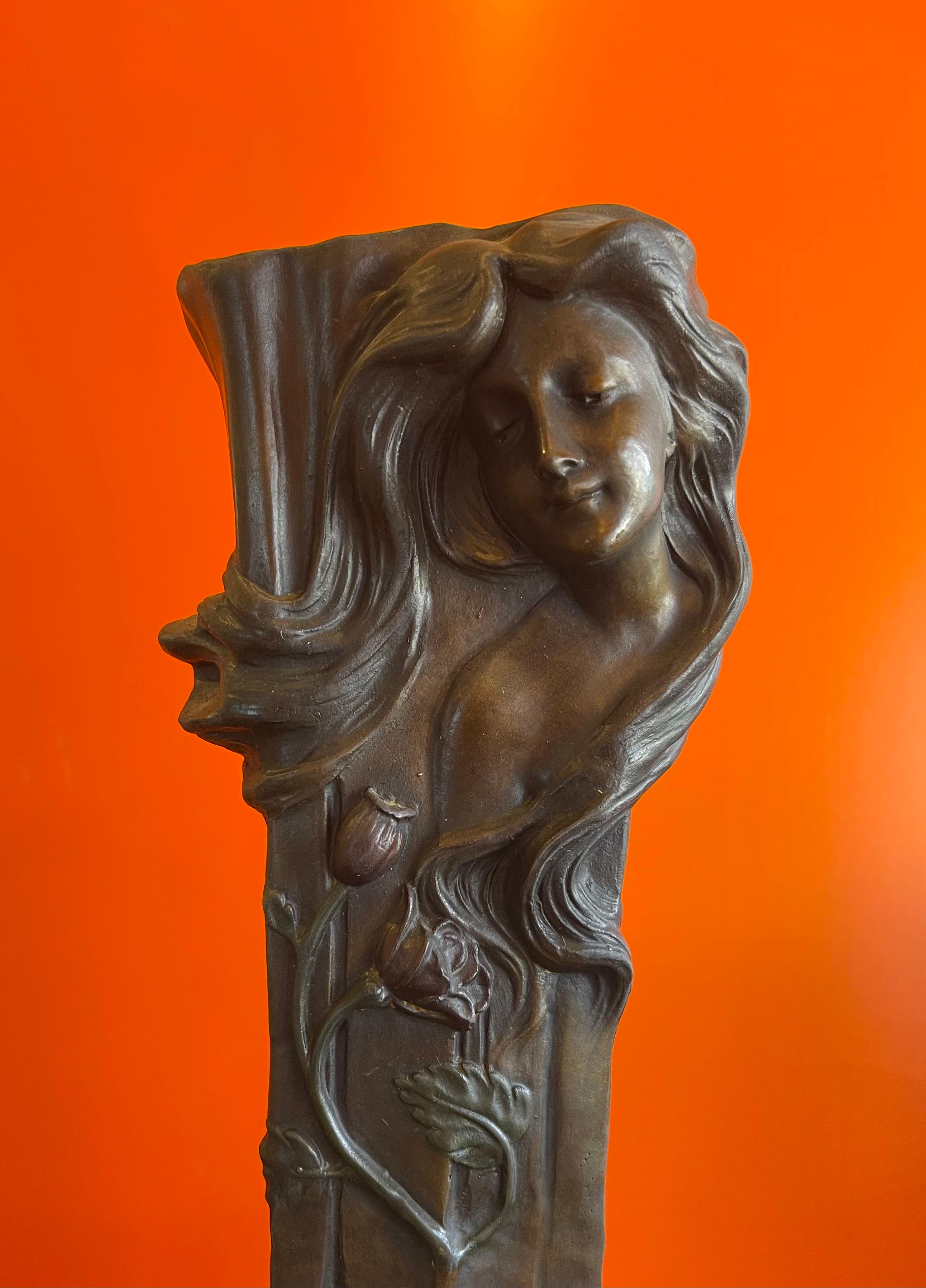 Patinated Bronze Art Nouveau Vase with Maiden & Floral Design by Francesco Flora For Sale 3