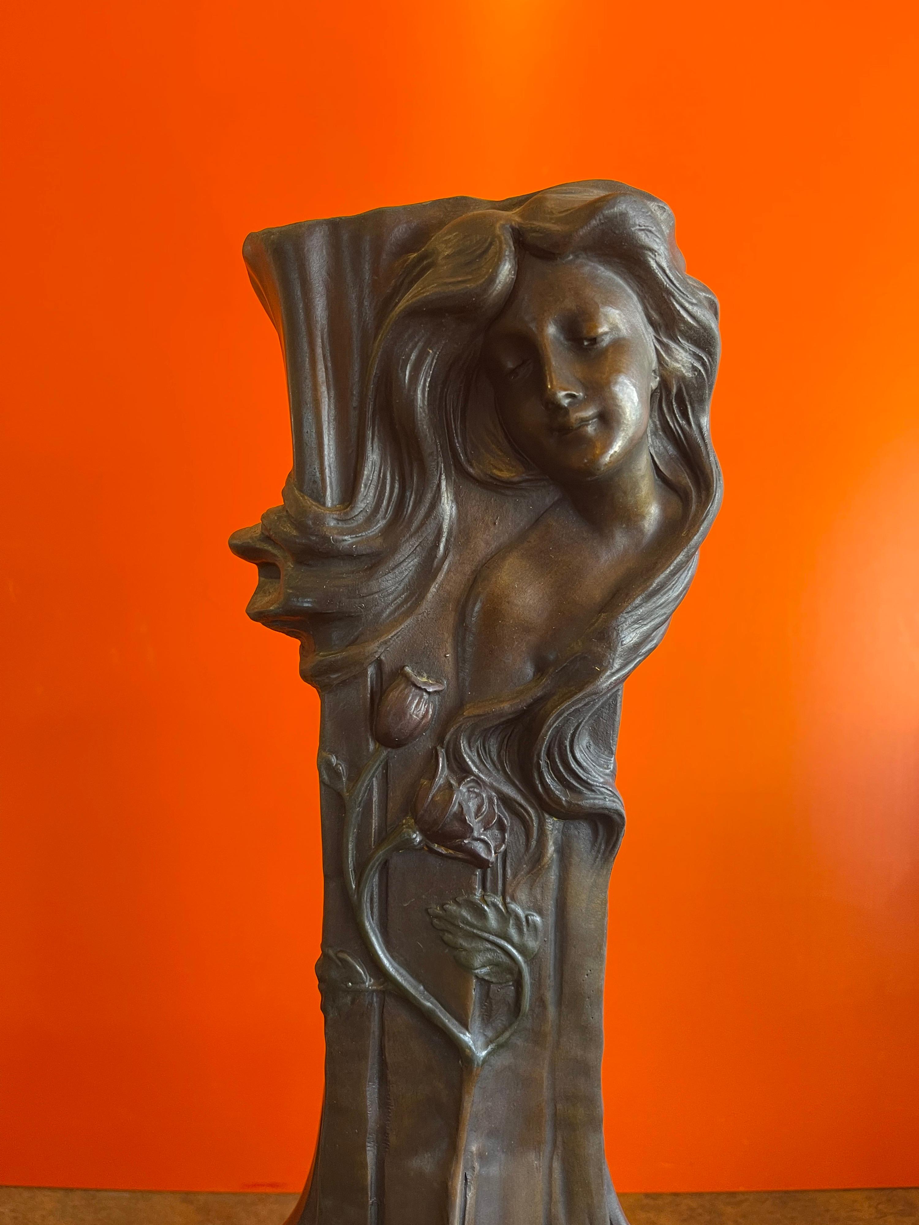 Patinated Bronze Art Nouveau Vase with Maiden & Floral Design by Francesco Flora For Sale 4