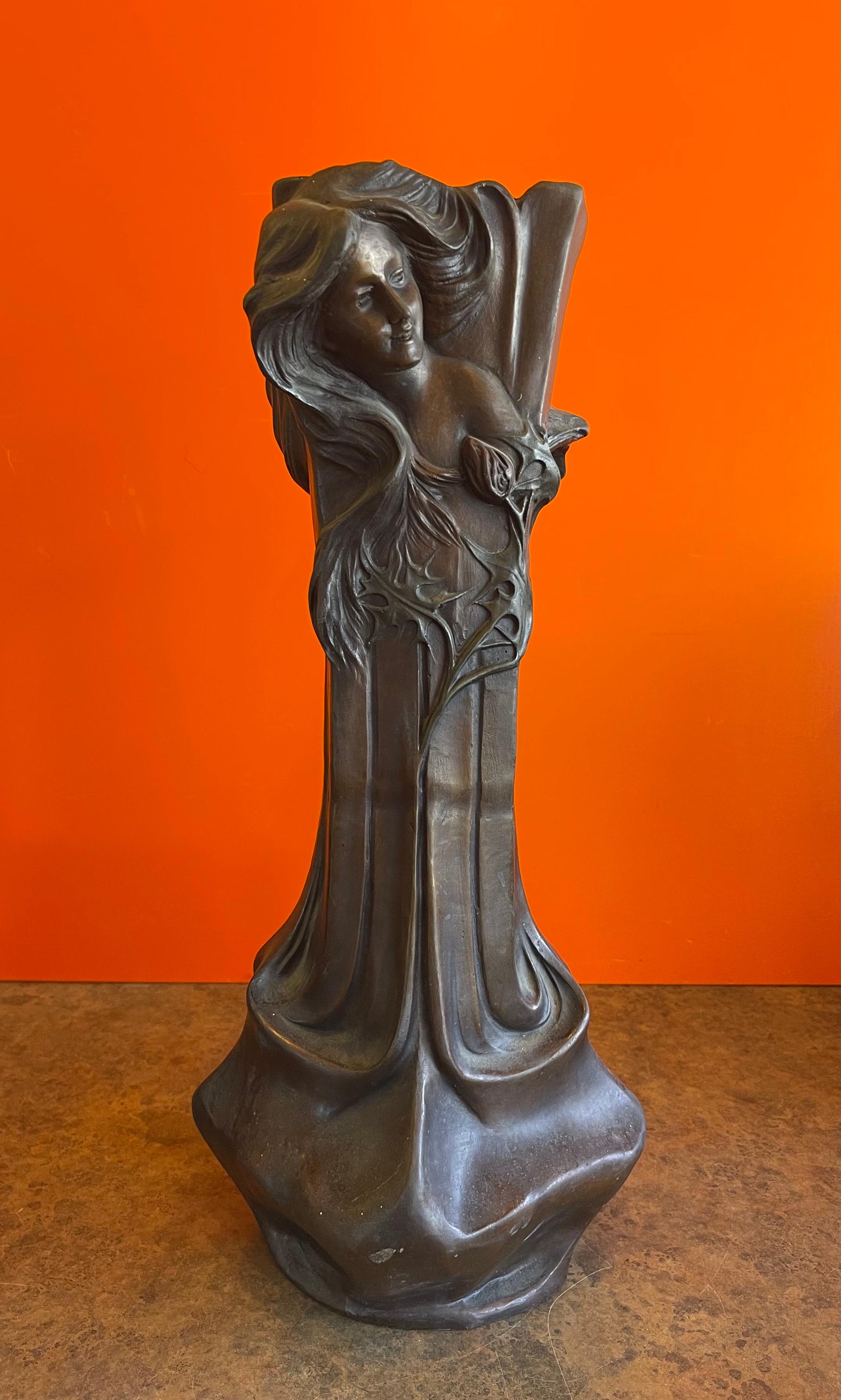 Patinated Bronze Art Nouveau Vase with Maiden & Floral Design by Francesco Flora For Sale 6