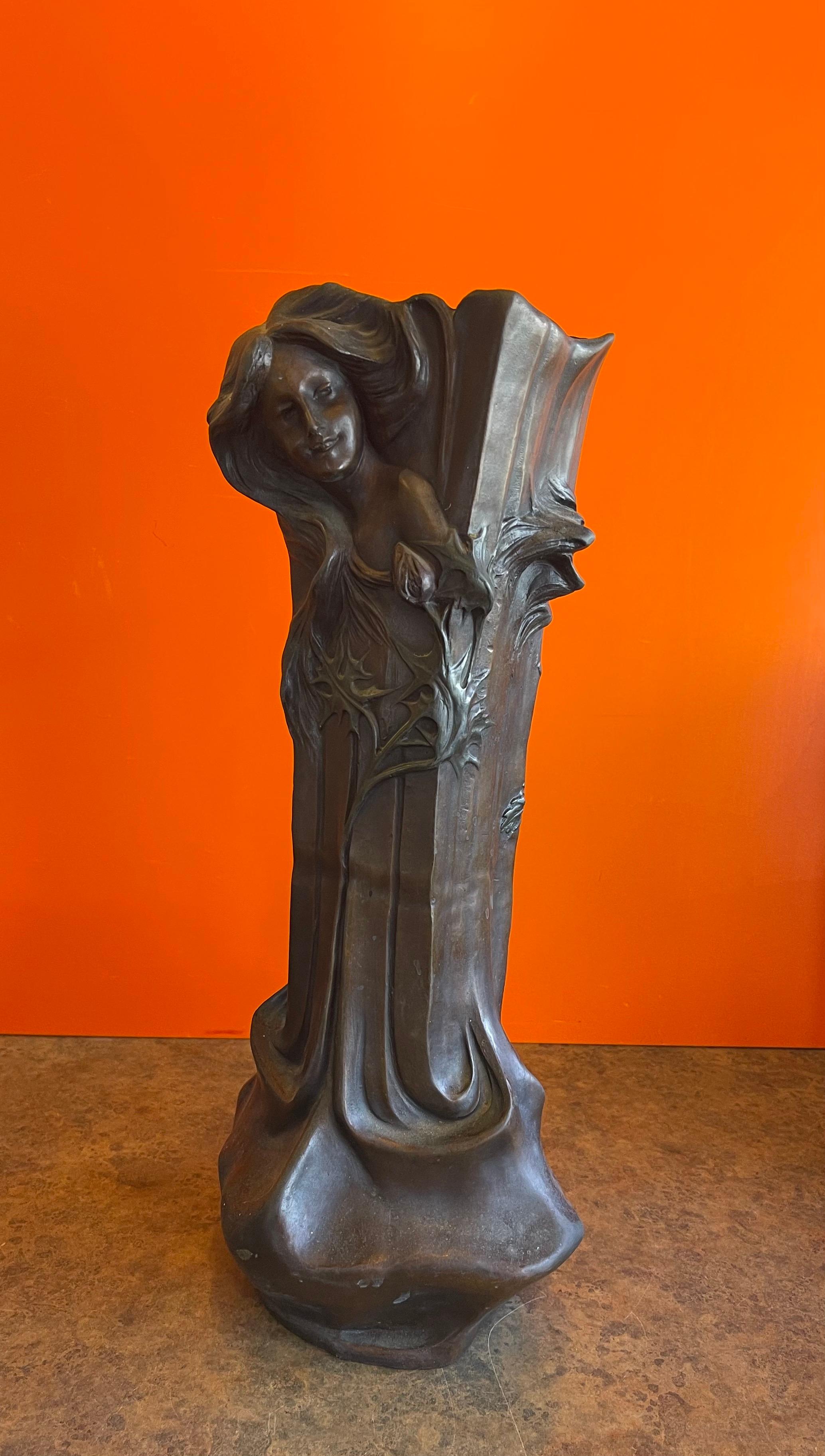 20th Century Patinated Bronze Art Nouveau Vase with Maiden & Floral Design by Francesco Flora For Sale