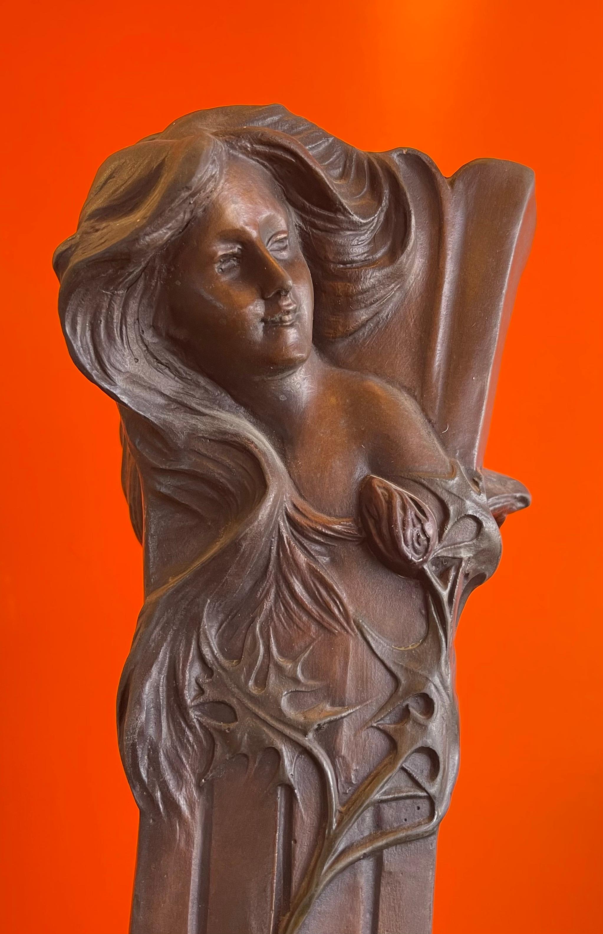 Patinated Bronze Art Nouveau Vase with Maiden & Floral Design by Francesco Flora For Sale 1