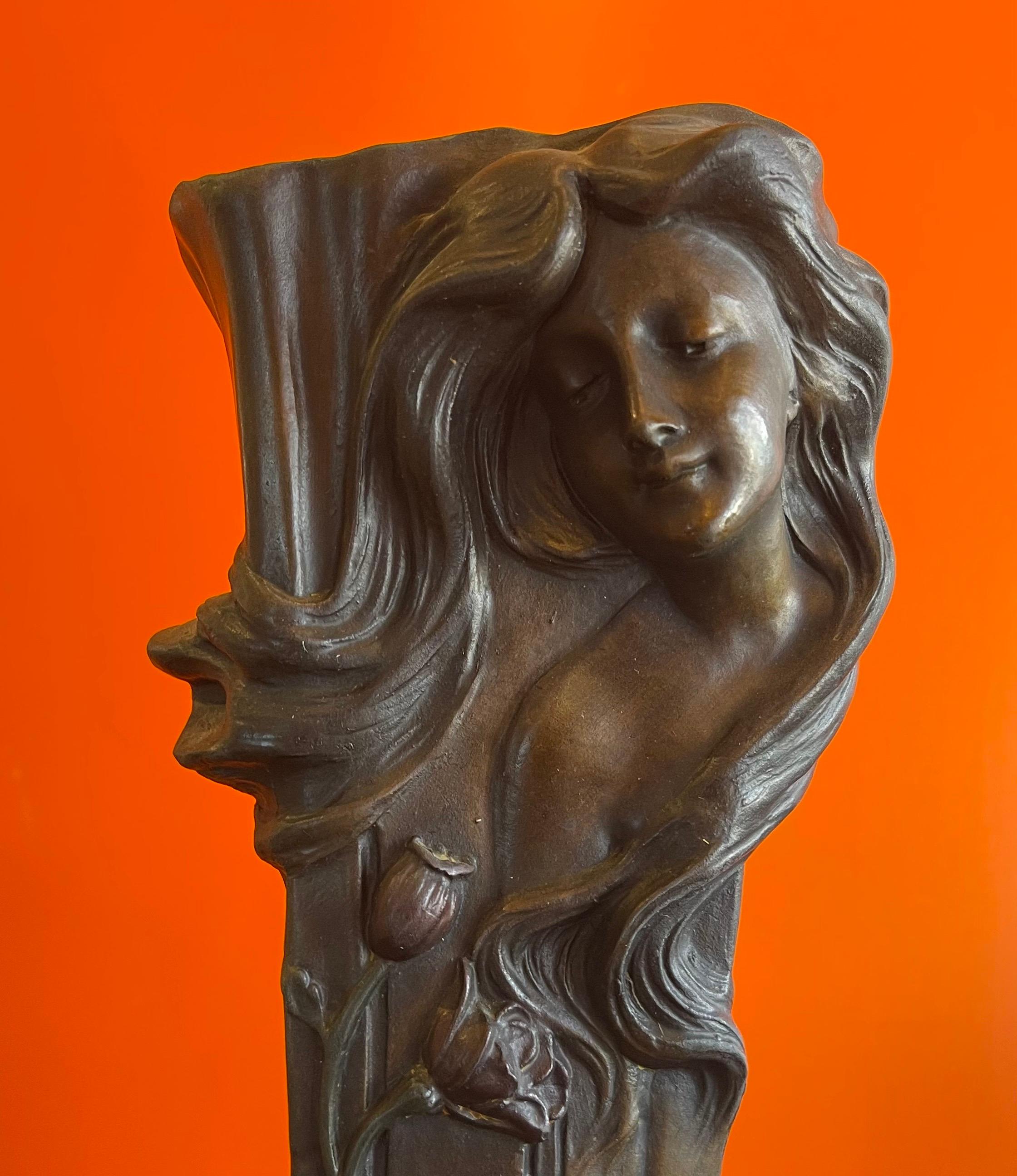Patinated Bronze Art Nouveau Vase with Maiden & Floral Design by Francesco Flora For Sale 2